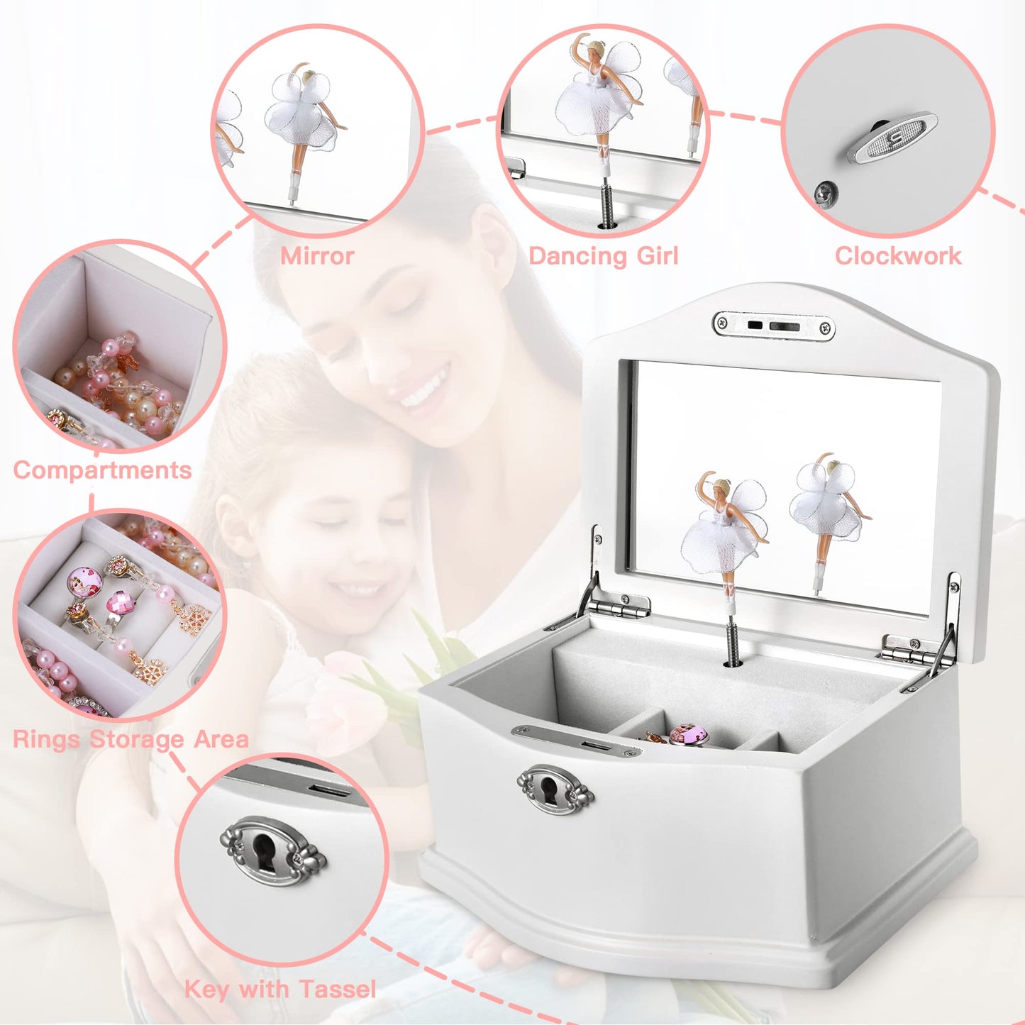 Jozen Gift Wooden Ballerina Medium White Musical Jewelry Box with Mirror and Lock for girls，Kid's Jewelry Storage Music Box,Gifts for Christmas,Birthday and all Holidays