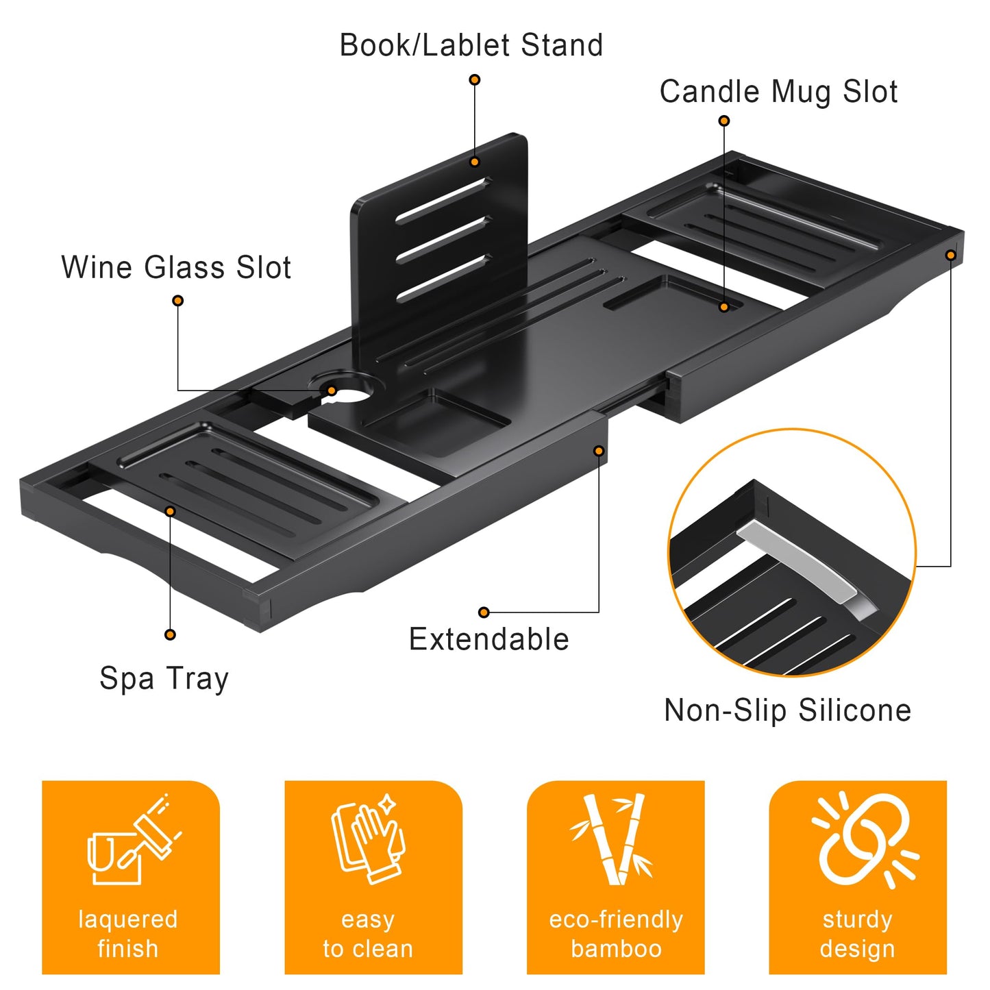 Bathtub Tray Caddy,Premium Bamboo Expandable Bath Tub Trays Table, Foldable Bathroom Accessories,Great House Warming, Anniversary and Birthday Gifts,Black