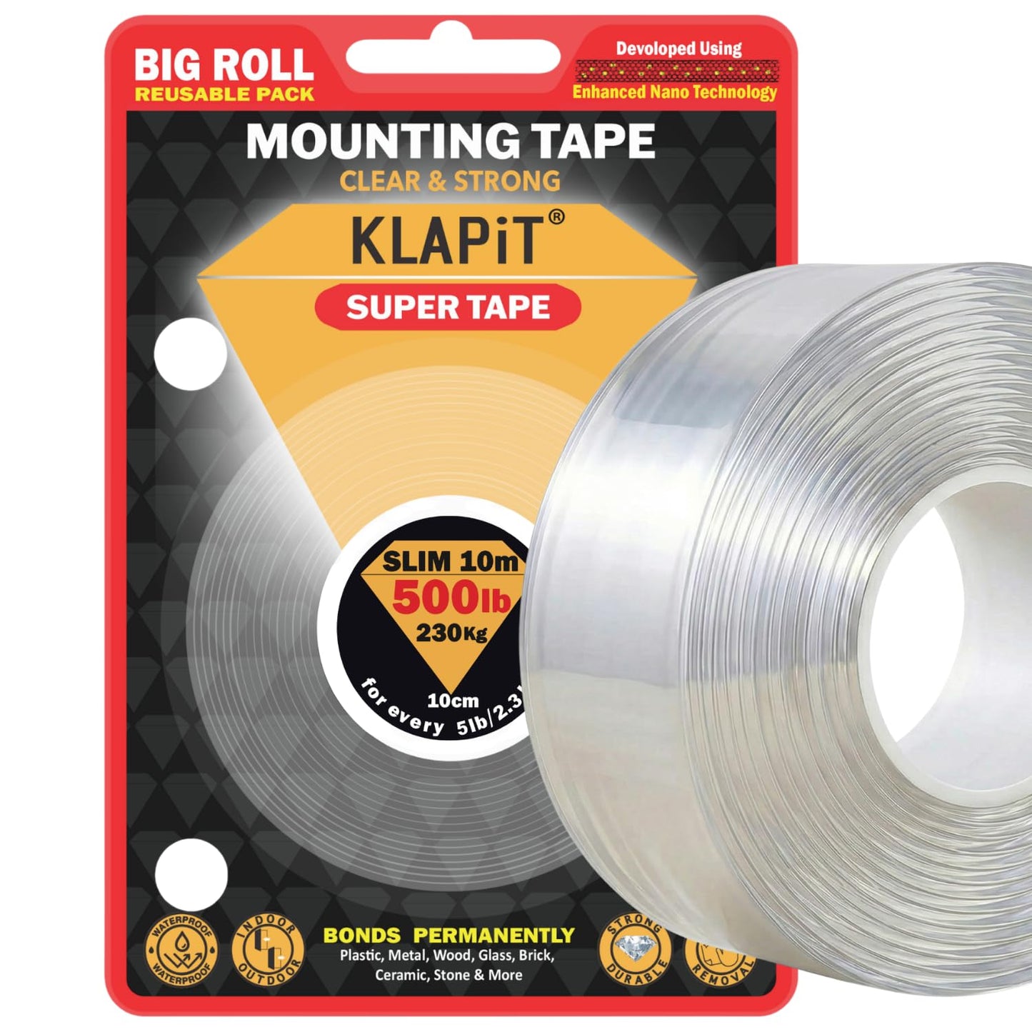 KLAPiT Super Tape 10m (33ft) – Clear Double Sided Heavy Duty Adhesive, Enhanced Nano Technology Waterproof Mounting Tape – Holds 230 kg – 2.3kg per 10cm