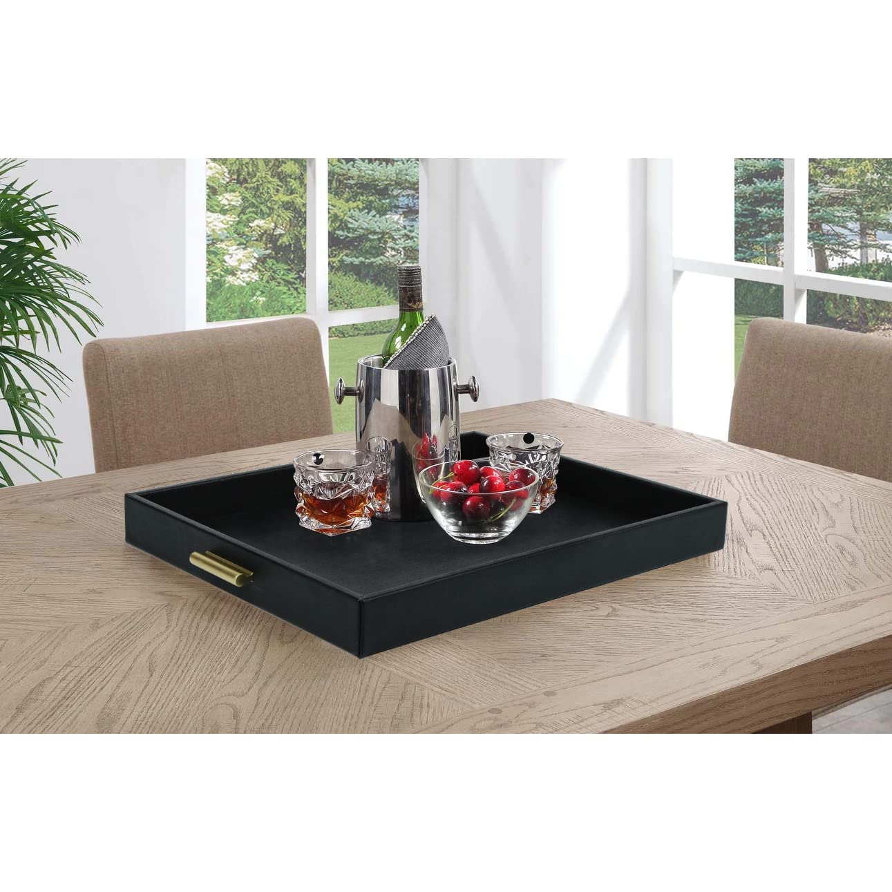 HofferRuffer Extra Large Serving Tray with Handles, Elegant Faux Leather Storage Decorative Tray for Coffee Table, Ottoman, Console Table, 20 x 16 x 2.2 inches (Black Tray+Golden Handle)