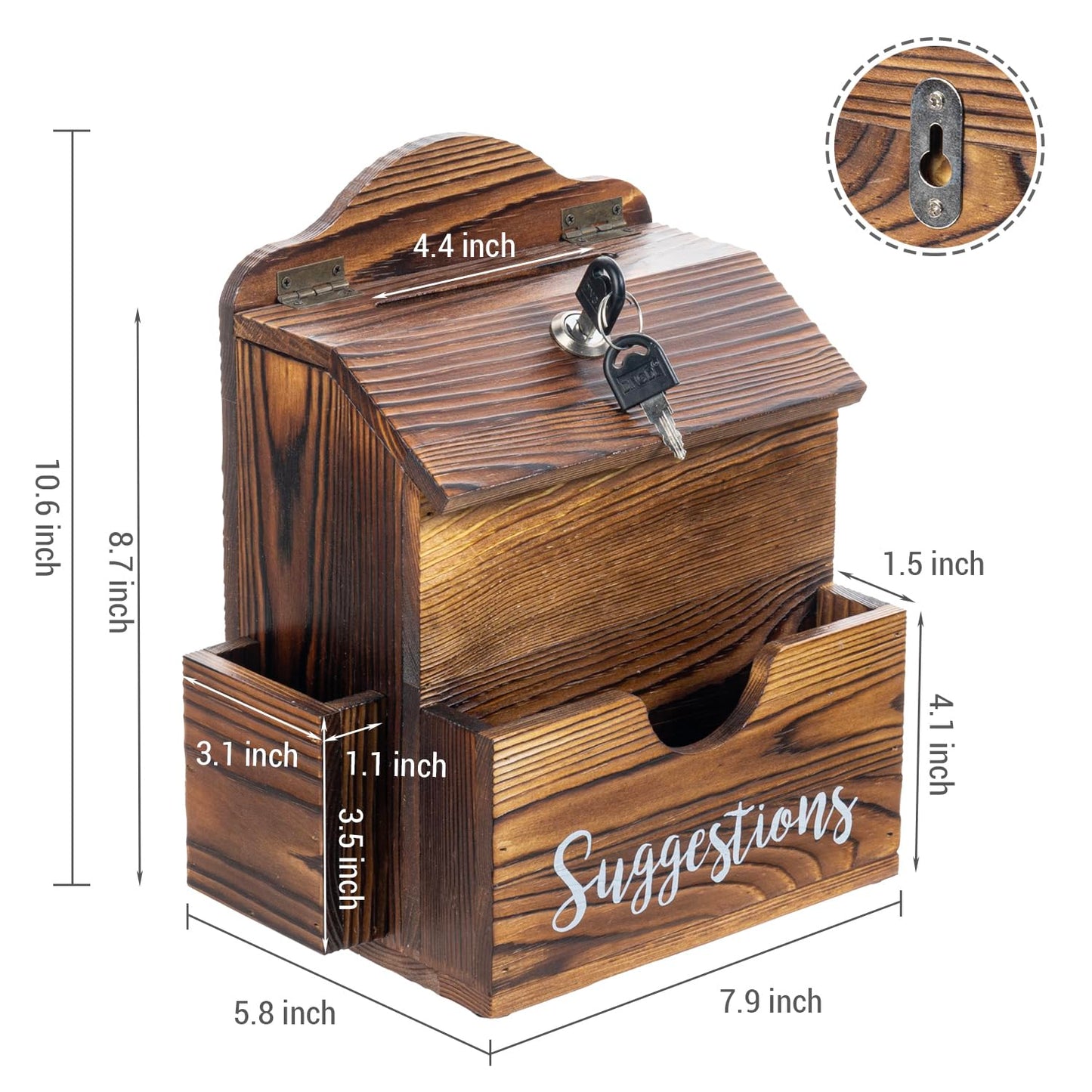 MyGift Suggestion Box with Slot and Lock, Donation Box for Fundraising, Complaint Case with Paper Sheet and Pen Holder Slots,Wall Mounted or Tabletop, Rustic Burnt Solid Wood