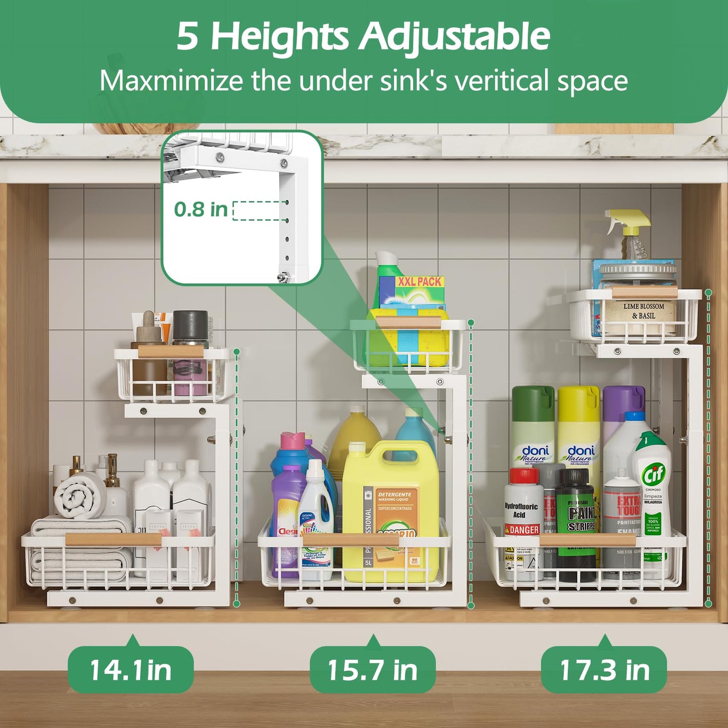 ADRIMER Under Sink Organizer, Pull Out Kitchen Organizers and Storage, 2 Tier Slide Out Bathroom Cabinet Organizers and Storage Height Adjustable Durable Metal, White