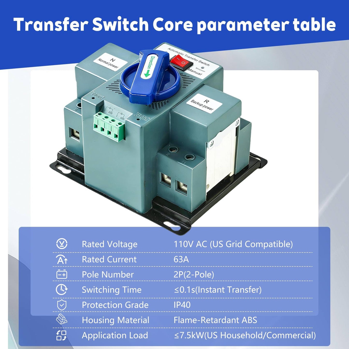 110V 63A Automatic Transfer Switch (ATS) for Home Generators - Dual Power Source Changeover with Auto/Manual Mode，Instant Changeover for Home/Commercial/RV/Backup Generator