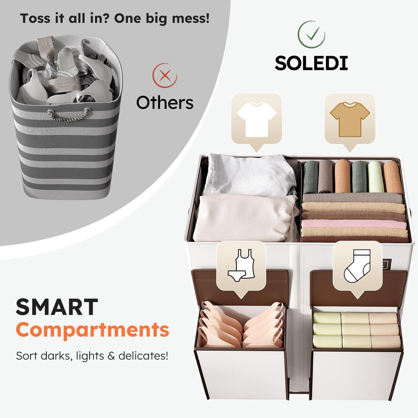 SOLEDI 180L 4-Section Laundry Hamper with Lid,Dirty Clothes Hamper with Removable Bag,Large Laundry Basket 2 Section with 2 Side Pockets,Collapsible,Easy to Carry,for Laundry Room,Bedroom,Light Beige