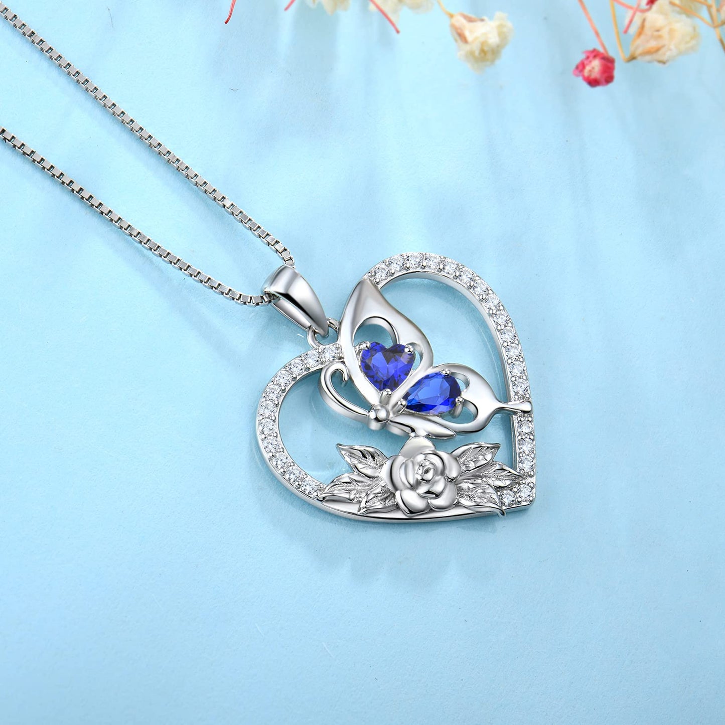 YL Created Sapphire Butterfly Necklace for Women, 925 Sterling Silver Birthstone Heart Pendant Flower Rose Halo Jewelry Mother Daughter Gifts for Her