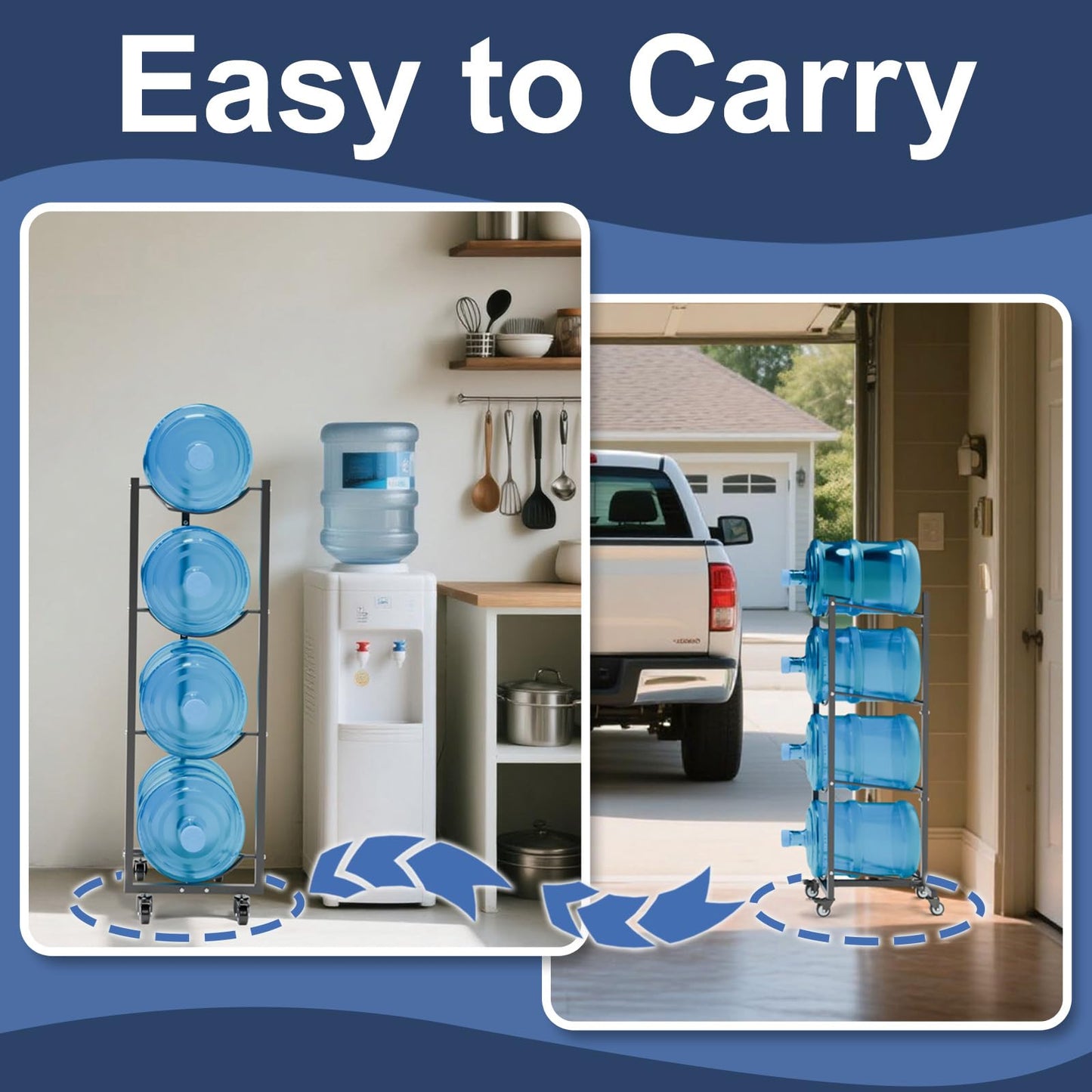 XXSJ 5 Gallon Water Jug Holder with Wheels 5 Gal Water Bottle Storage Rack Stand for Home Kitchen Office Gym Garage (4 Tier)