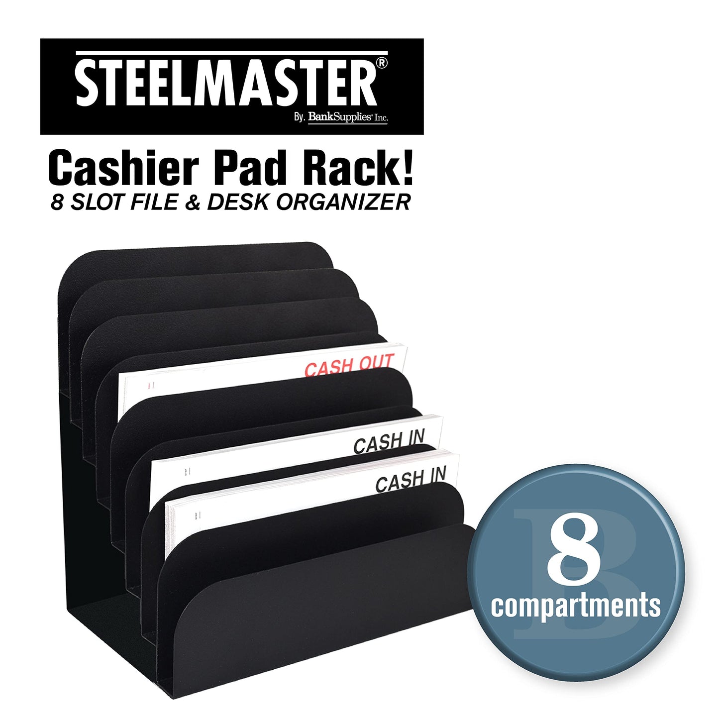 STEELMASTER by BankSupplies Steel Cashier Pad Rack – 8 Slot File & Desk Organizer, Paper Organizer, Black Powder Coat Finish, Scratch & Chip-Resistant - Forms, Applications, Deposit Slips & Checks