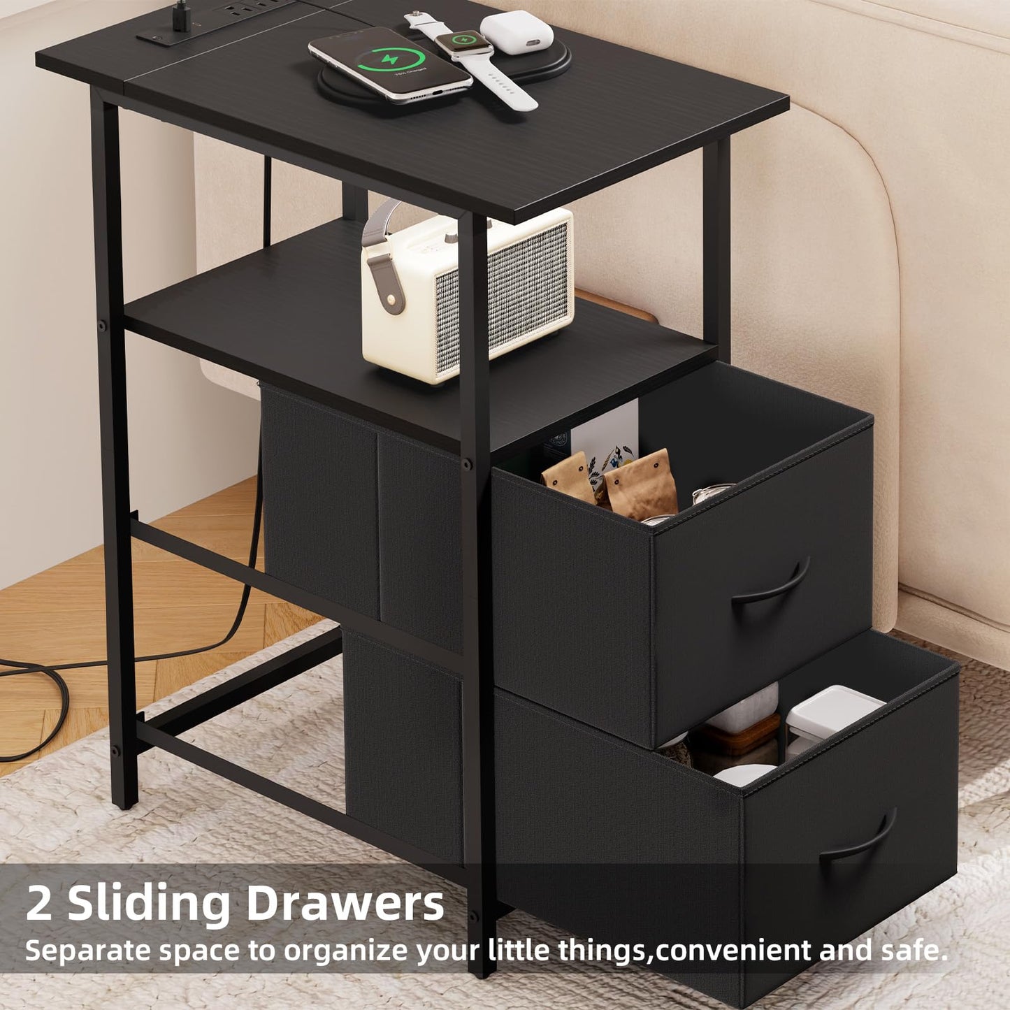 Somdot Narrow End Table with Charging Station, 24.4" Tall Side Table with 2 Fabric Drawers, Skinny Nightstand for Small Spaces, Living Room, Bedroom, Black