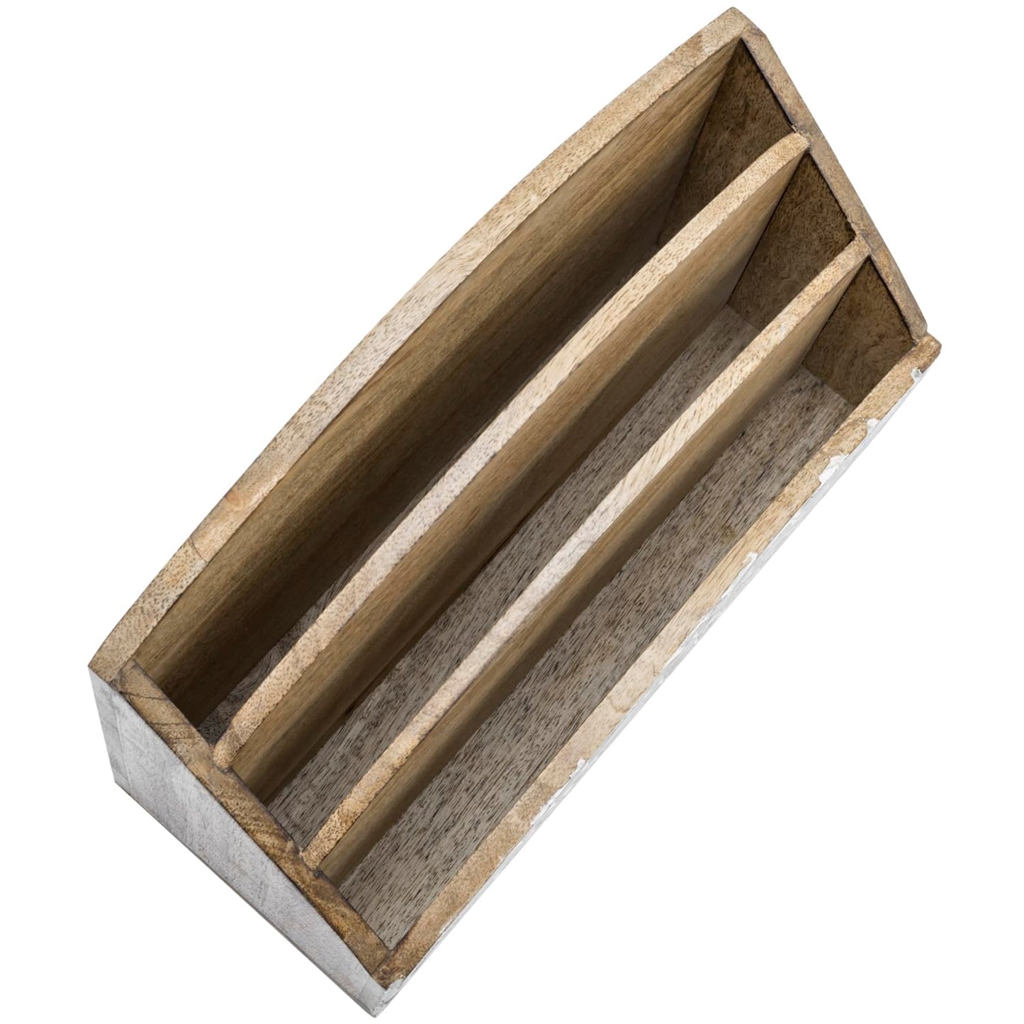 MyGift 3 Tier Rustic Solid Mango Wood Desk Mail Holder and Stationery Sorter with Hand Carved Leaf Pattern, Decorative Office Desktop Document Storage Organizer - Handcrafted in India, Small