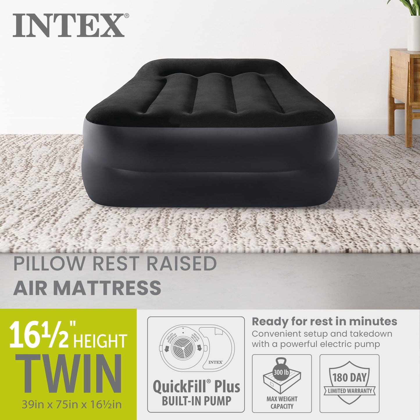INTEX 64121ED Dura-Beam Plus Pillow Rest Air Mattress: Fiber-Tech – Twin Size – Built-in Electric Pump – 16.5in Bed Height – 300lb Weight Capacity