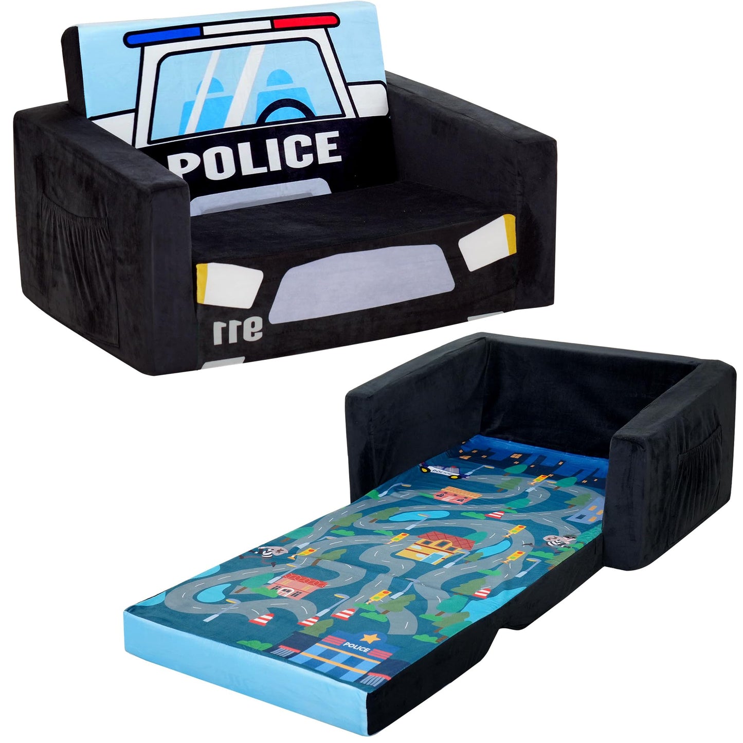 MallBest Kids Sofas Children's Sofa Bed Baby's Upholstered Couch Sleepover Chair Flipout Open Sofa(Black/Police Car)
