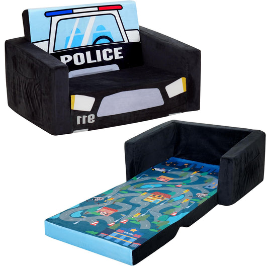 MallBest Kids Sofas Children's Sofa Bed Baby's Upholstered Couch Sleepover Chair Flipout Open Sofa(Black/Police Car)