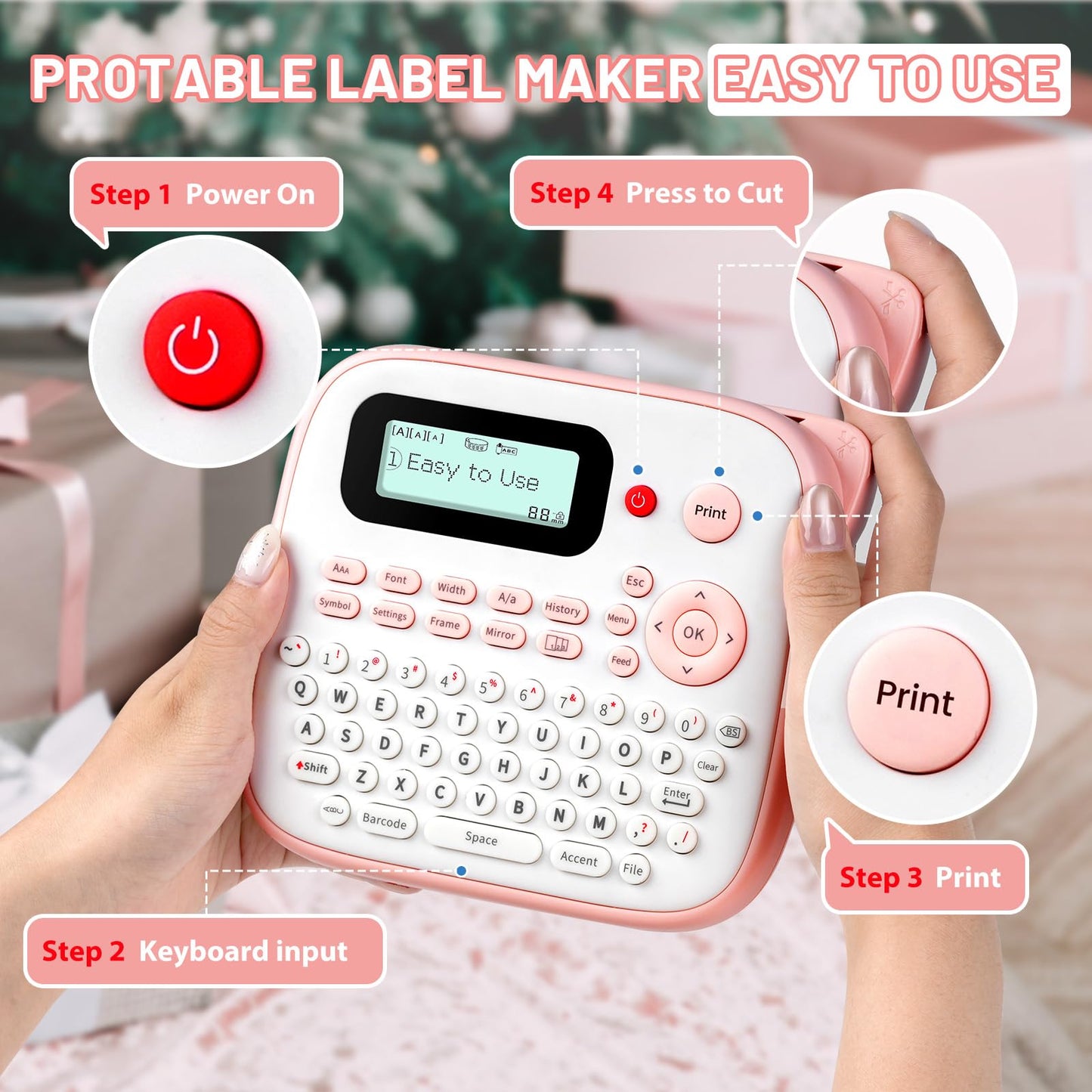 Label Maker Machine with Tape, Portable Pink Label Maker for Kids, EazeID D210S Easy Cute Label Makers Printer, QWERTY Keyboard Labeler with Multiple Fonts Frame for Home Office School Supplies