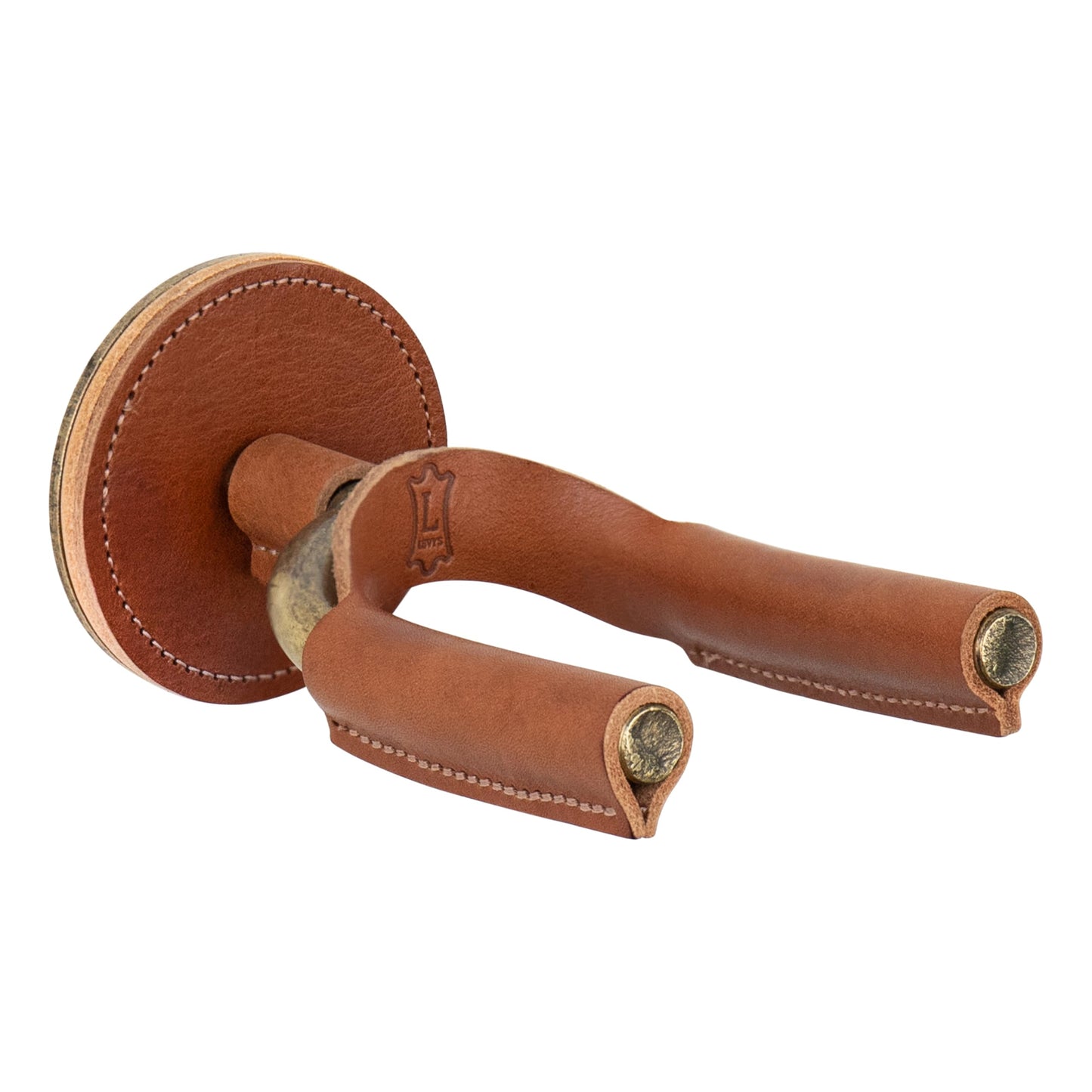Levy's Leathers Forged Steel Guitar Hanger; Brass Metal with Tan Veg-Tan Leather Yoke Wraps (LVY-FGHNGR-BRTN)
