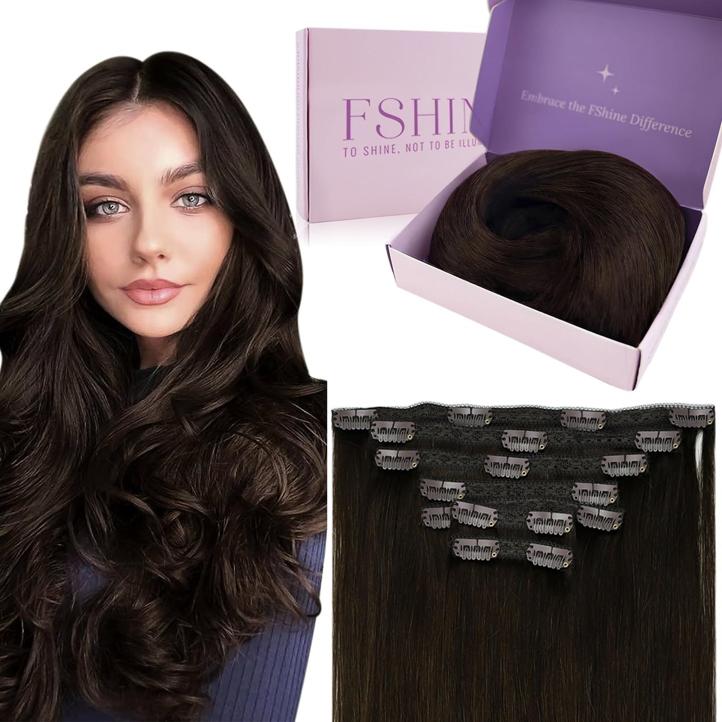 Fshine Brown Clip in Extensions 18 Inch 120 g Dark Brown Human Hair 7 pcs Straight Clip in Real Hair Extensions for Women