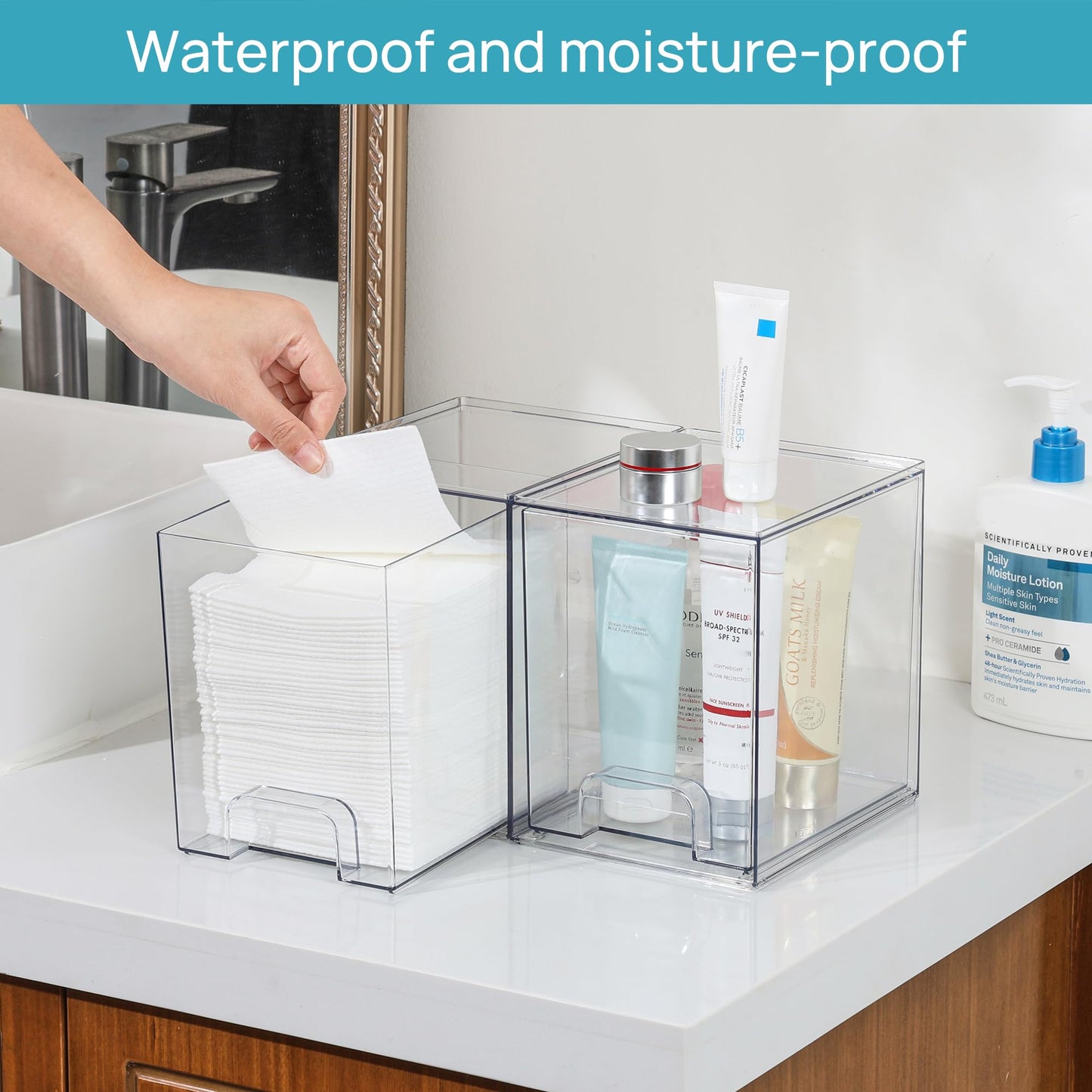 Vtopmart 4 Pack Clear Stackable Storage Drawers,7.6" H Plastic Organizers Bins for Skincare, Bathroom Supplies,Ideal for Cabinet,Under sink,Vanity,Kitchen,Pantry Organization