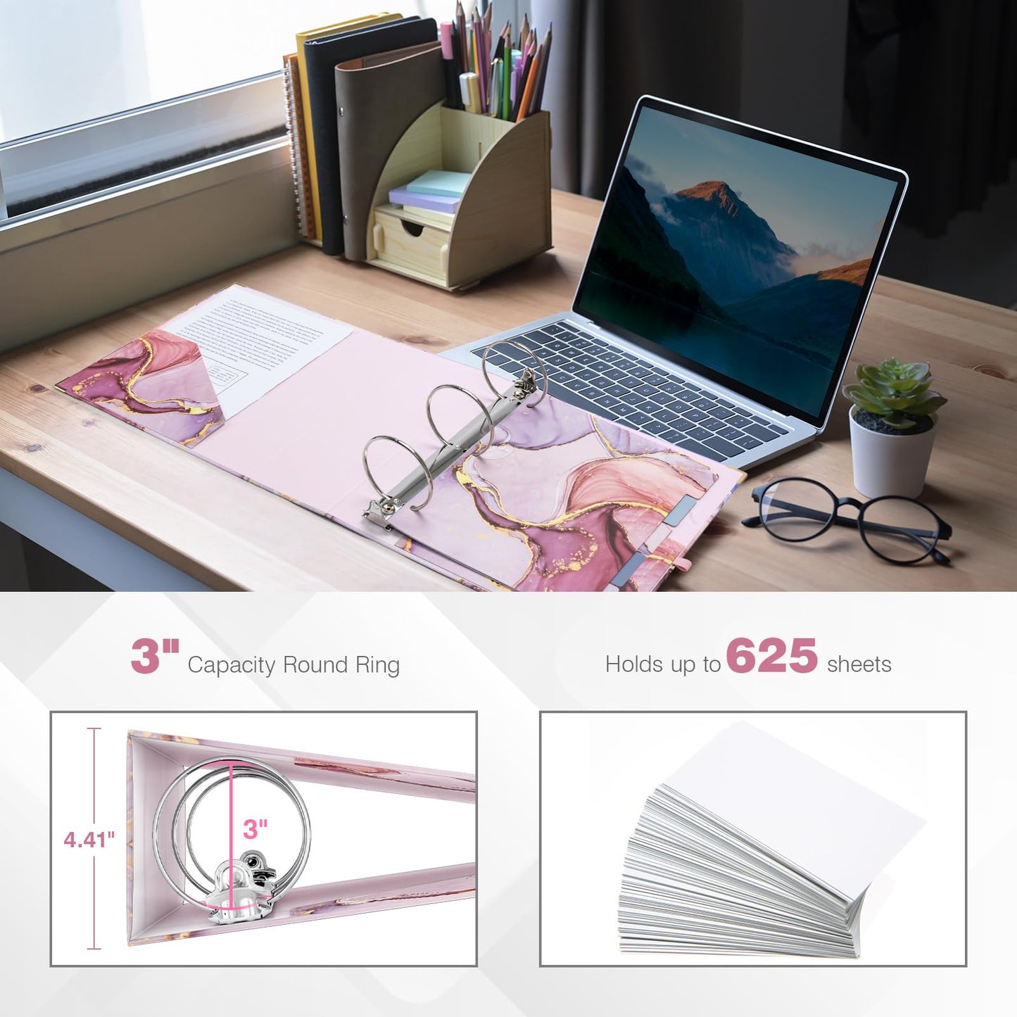 Ospelelf 3 Ring Binder 3 Inch, Cute Binder for Letter Size (11" x 8.5") with 5 Tab Dividers, File Folder Labels and Low Profile Clipboards, Pink Marble Binder for School Supplies and Office Supplies