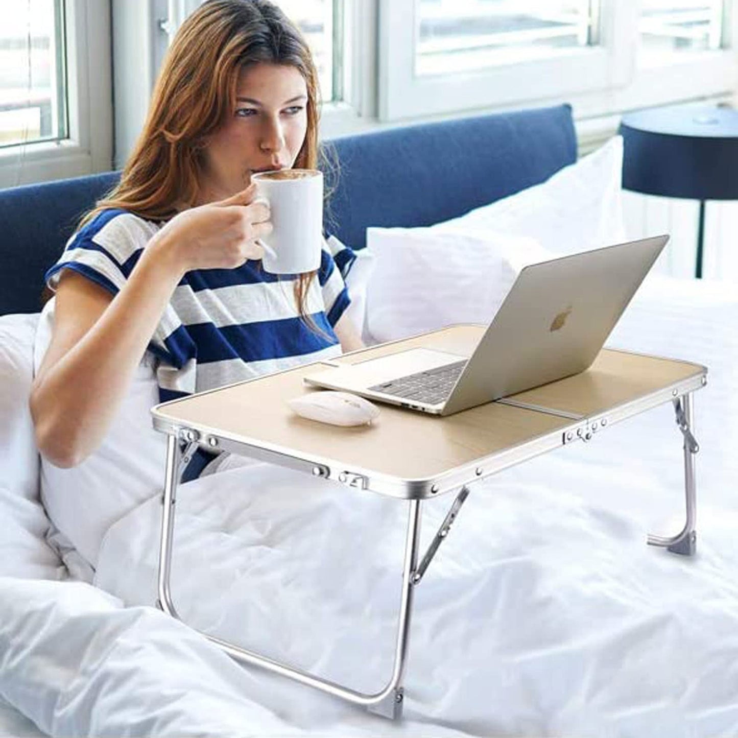 Tlingsd Foldable Laptop Table for Bed, Lap Desk, Bed Desk, Breakfast Serving Bed Tray, Portable Aluminum Alloy Mini Picnic Table Folds in Half with Inner Storage Space (Beige, Aluminum Foot)