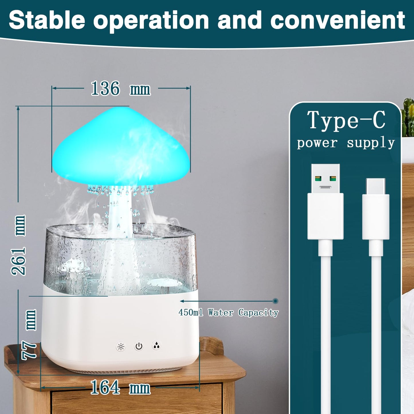 Cloud Humidifiers Rain Water Drip 450ML Mushroom Humidifiers with Remote Control 7 Colors Mood Light Air Humidifier Raindrop Humidifiers for Bedroom