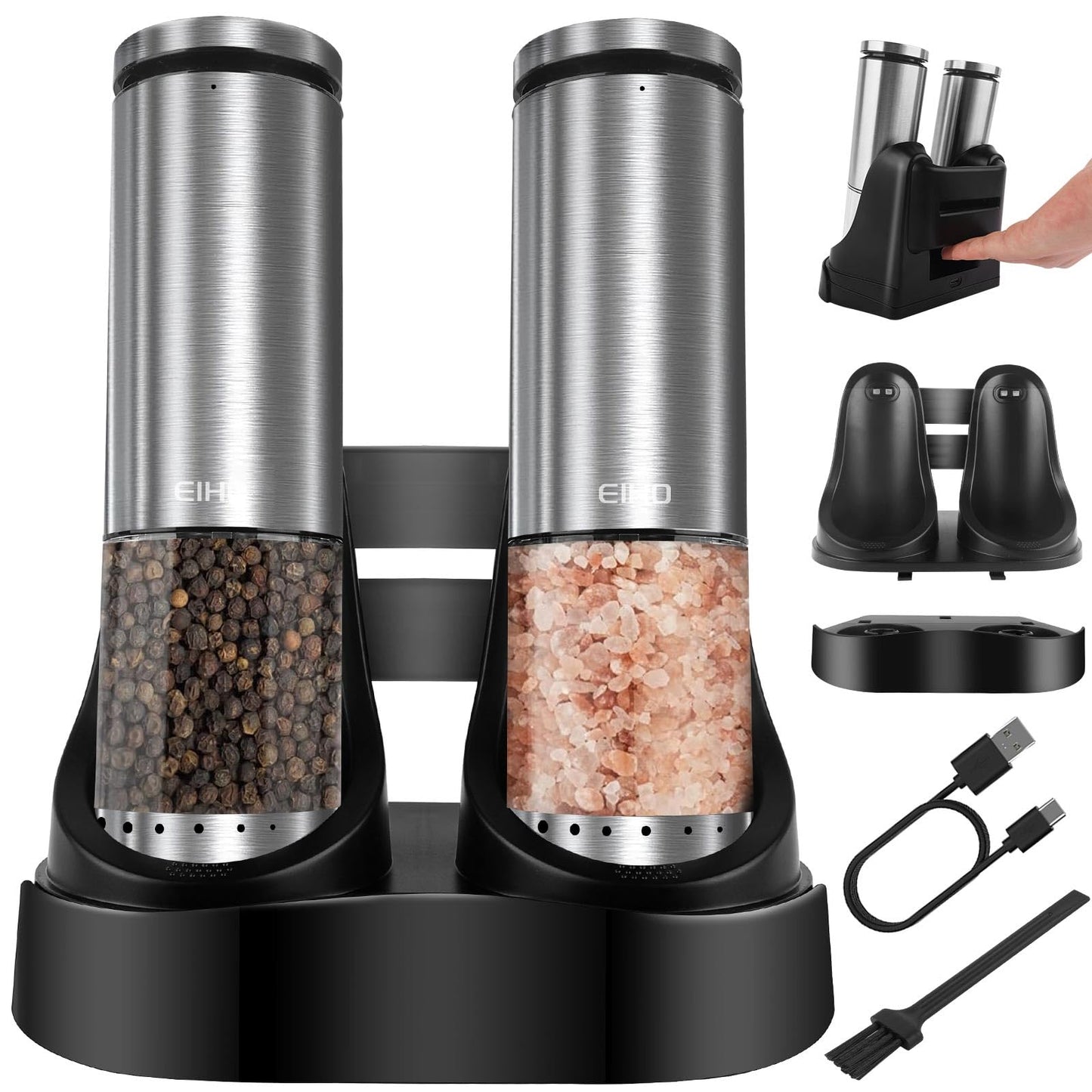 Electric Salt and Pepper Grinder Set Rechargeable, External Adjustable Coarseness, Automatic Salt & Pepper Shakers Mills, Kitchen Gadgets,Stocking Stuffers Christmas Cooking Gifts for Adults Men Women
