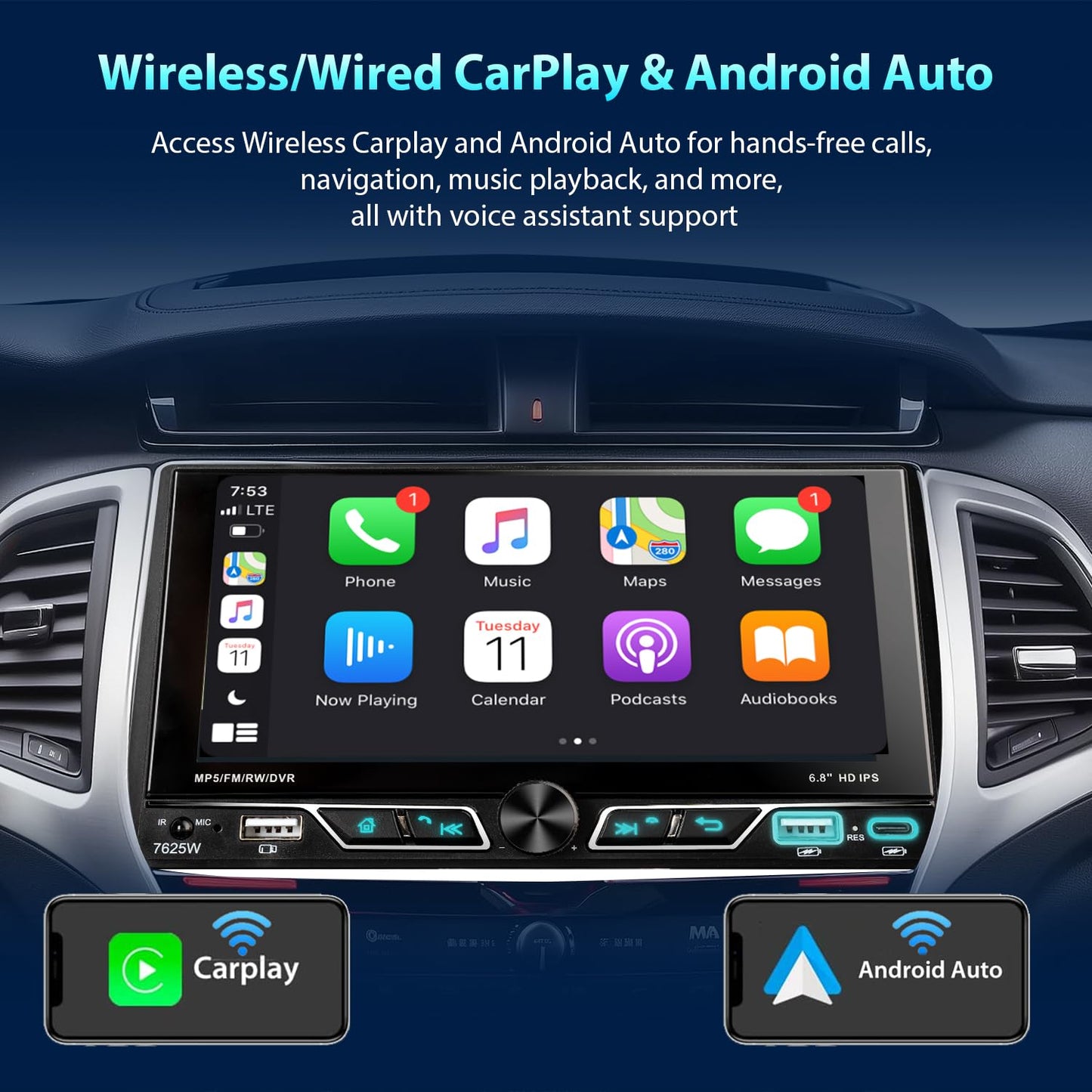 Alondy Double Din Car Stereo with 6.8" Touchscreen Compatible with [Wireless] Apple CarPlay/Android Auto Bluetooth AM/FM Radio 2X USB (Both 2.1A Fast Charge) Backup Camera RCA Audio Receiver