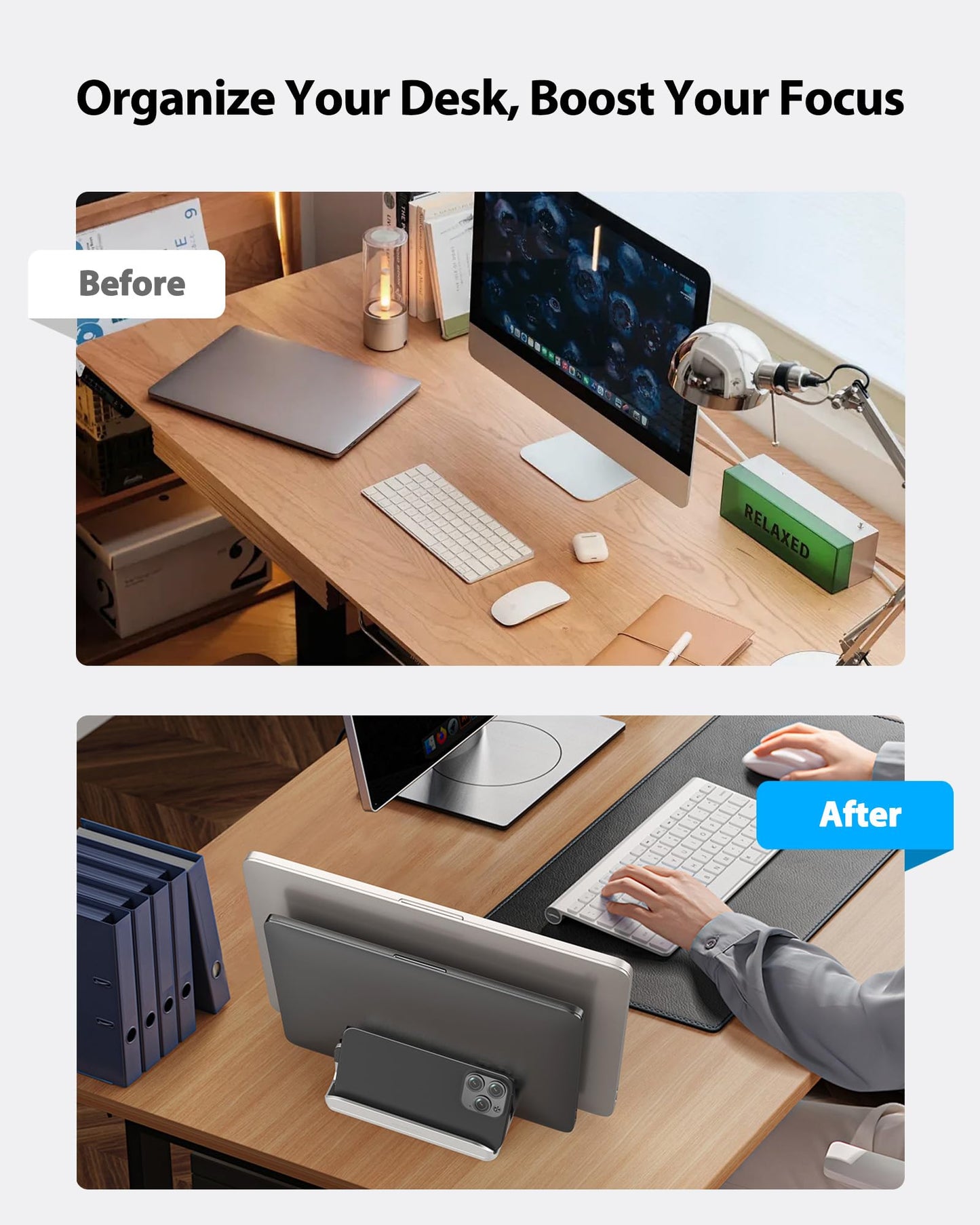 Vertical Laptop Stand - AboveTEK - 3 Slots for Computer, Tablet, Phone - Fits All Laptop Models (up to 17.3") - Heavy Duty Polished Aluminum Desktop Holder - Anti Slide Silicone Grips - Silver