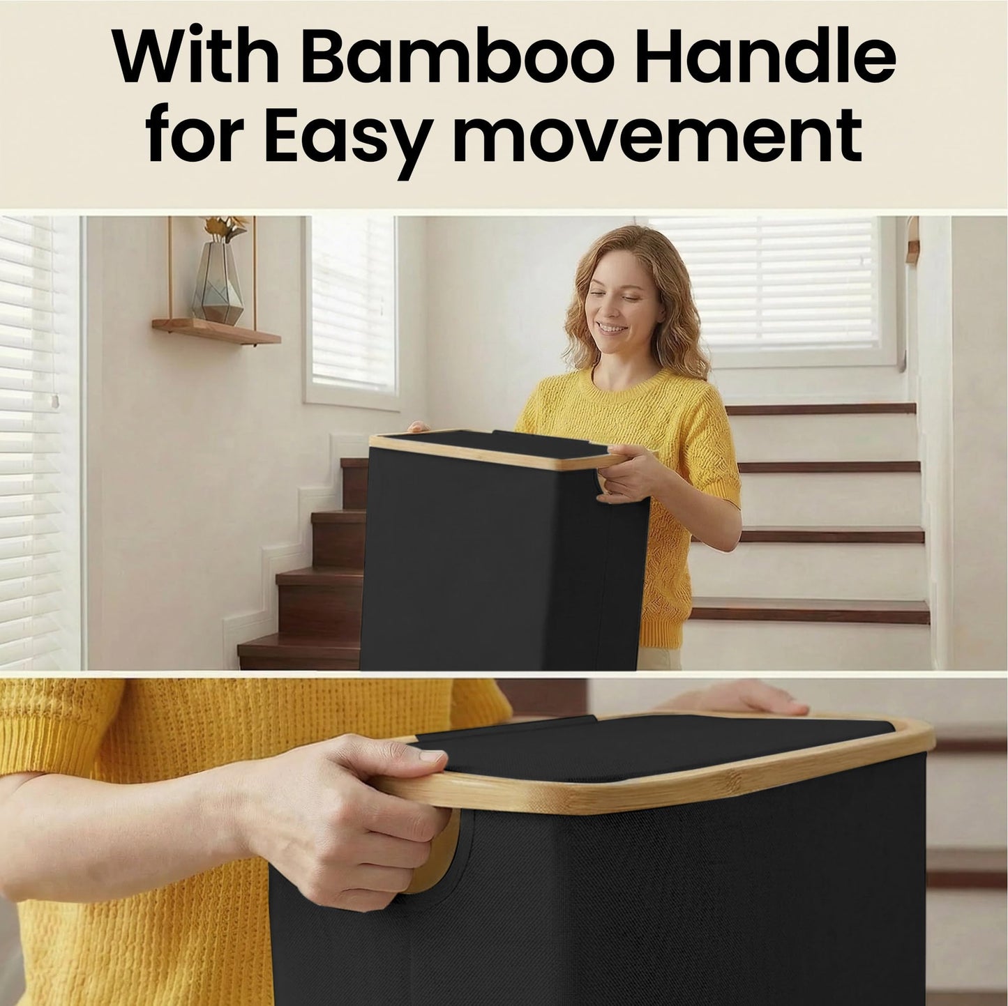 efluky 75L Slim Laundry Basket with Lid, Narrow Laundry Hamper with Removable Bag, Skinny Dirty Clothes Basket with Bamboo Handles for Bathroom, Bedroom & Laundry Room, Black