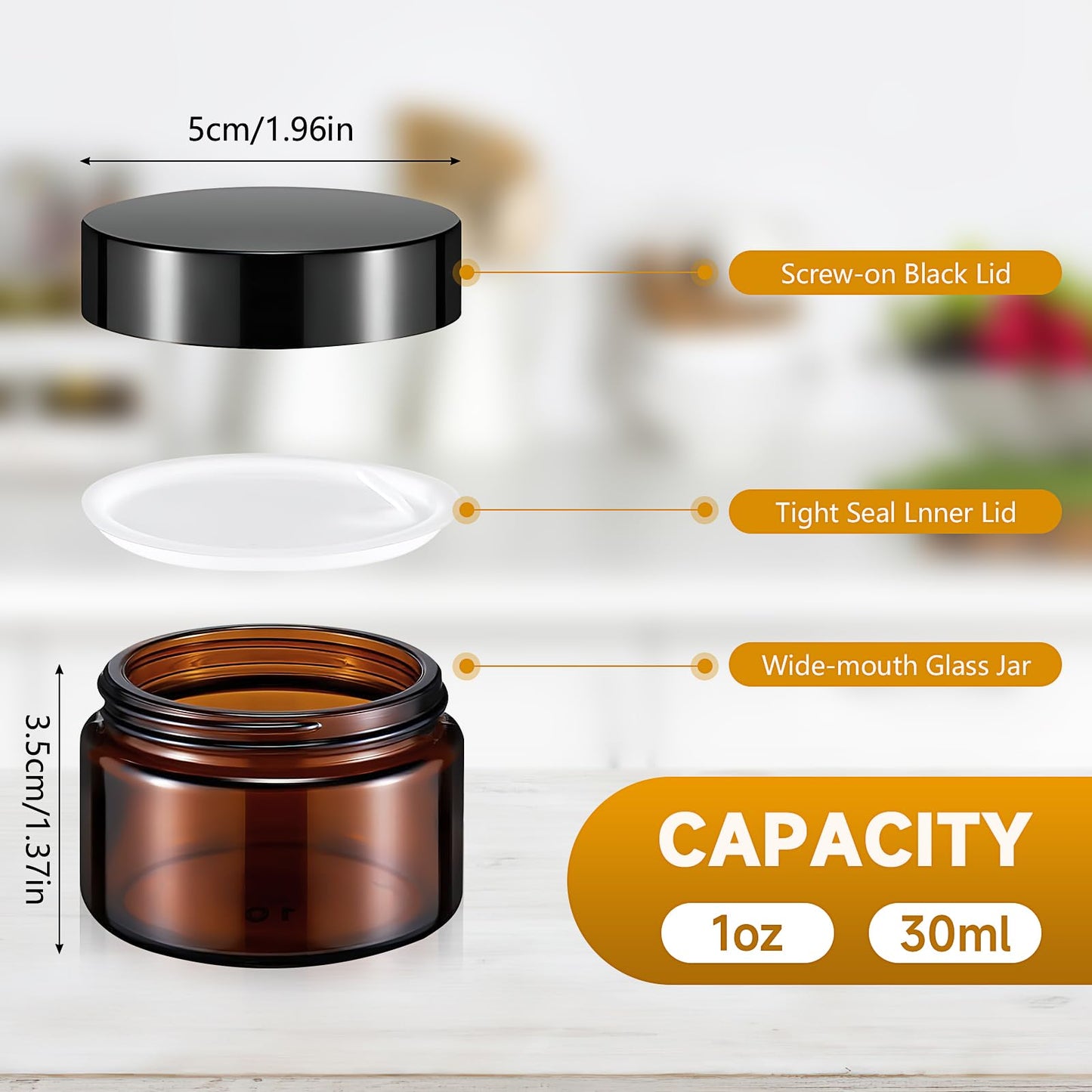 60 Pack Amber Glass Cosmetic Jars, 1oz Glass Jar with Lid Round Empty Cosmetic Containers with Inner Liners, Refillable Cream Jars for Lotions, Sample, Powder, Bath Salts