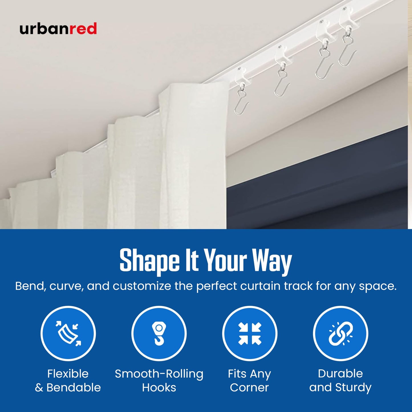 UrbanRed Flexible Bendable Ceiling Curtain Track, 22.9 ft (7 m), Mount for Rail with Curtain Tracks System, Room Divider, Curtains Rod, RV Ceiling Track for Curtains, Long Curved Hospital System White