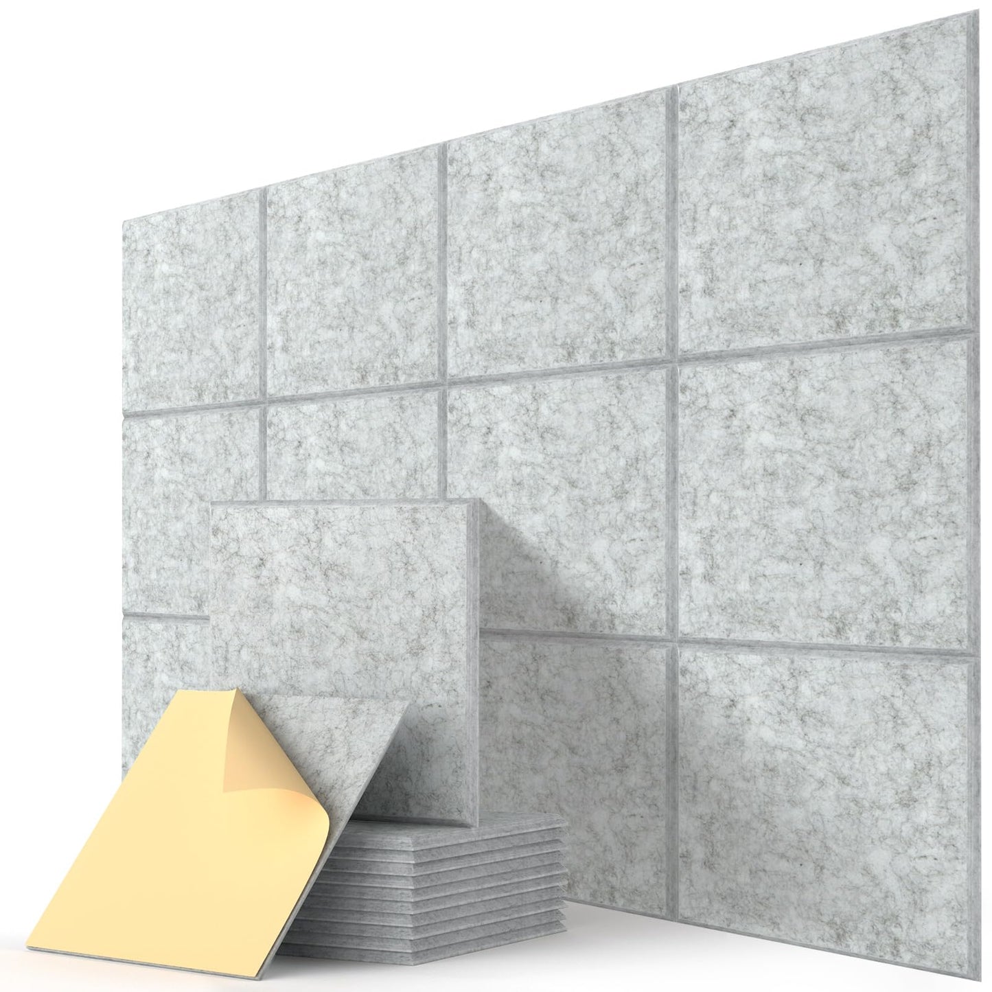 Square Acoustic Wall Panels, Sound Absorbing Panel for Walls, Ceiling, Doors, Self Adhesive Gray Decorative Acoustic Tiles for Recording Studio, Gaming Room, Office, Home, 12 Pack 12"x12"x0.4"