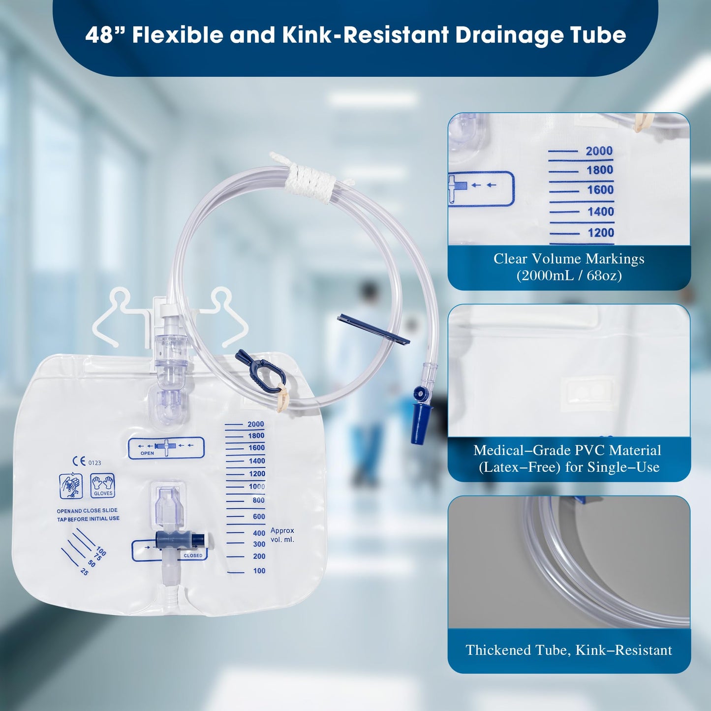 BeHerk 2000mL Catheter Bags for Men and Women 10 Pack Professional Urinary Drainage Bags with Enhanced Anti-Reflux Drip Chamber, 48” Thickened Drainage Tube, Adjustable Clips & Hanging Hook