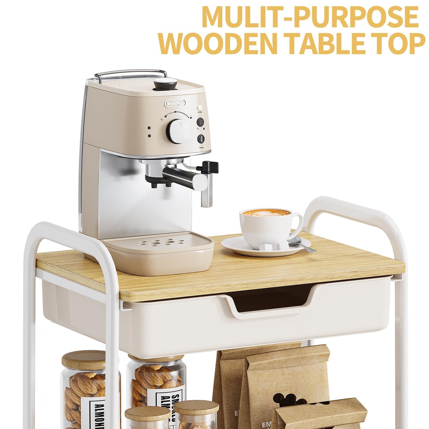 TOOLF 3-Tier Utility Rolling Cart with Wooden Board and Drawer, Metal Storage Cart with Handle, White Trolley Kitchen Organizer Rolling Desk with Locking Wheels for Office, Classroom, Home, Bedroom