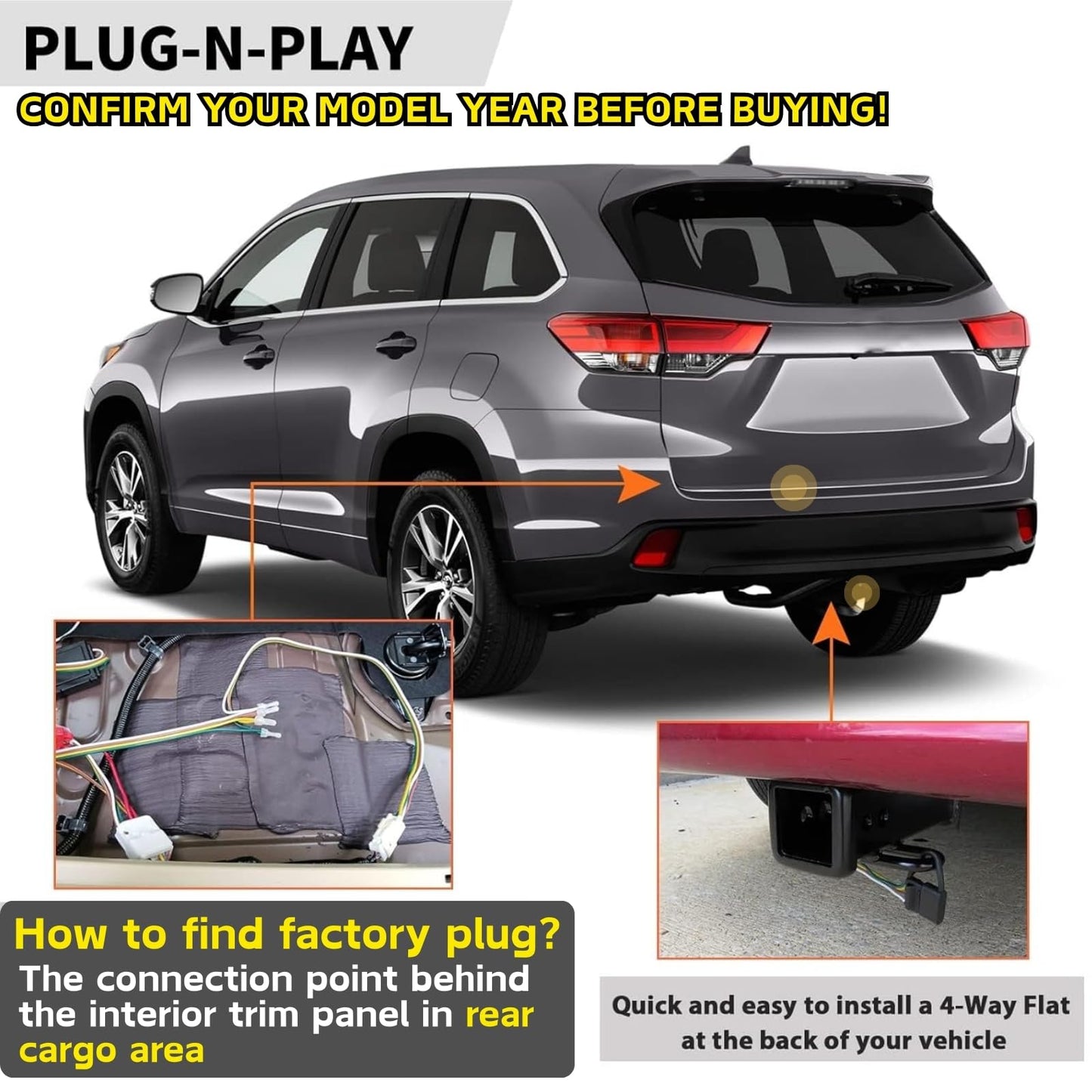 MECMO 4-Pin Trailer Wiring Harness 56217 for 2008-2019 Toyota Highlander, for 2018-2022 Lexus RX 350/350L, Custom 4 Way Flat T-Connector Plug and Play Towing Hitch Wire for Trailer Light Connect