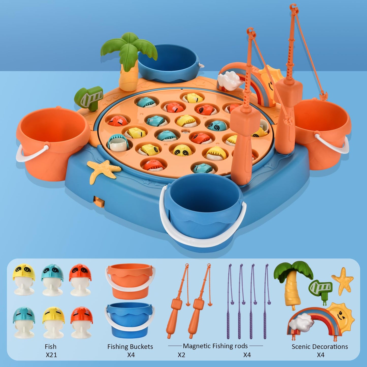 Jovarous Magnetic Fishing Game Set - Fish Toys with 21 Fish and 6 Poles, Rotating Board and On-Off Music Switch - Fun Fishing Board Games for Kids and Toddlers Age 3 4 5 6 7 8 and Up (Blue)