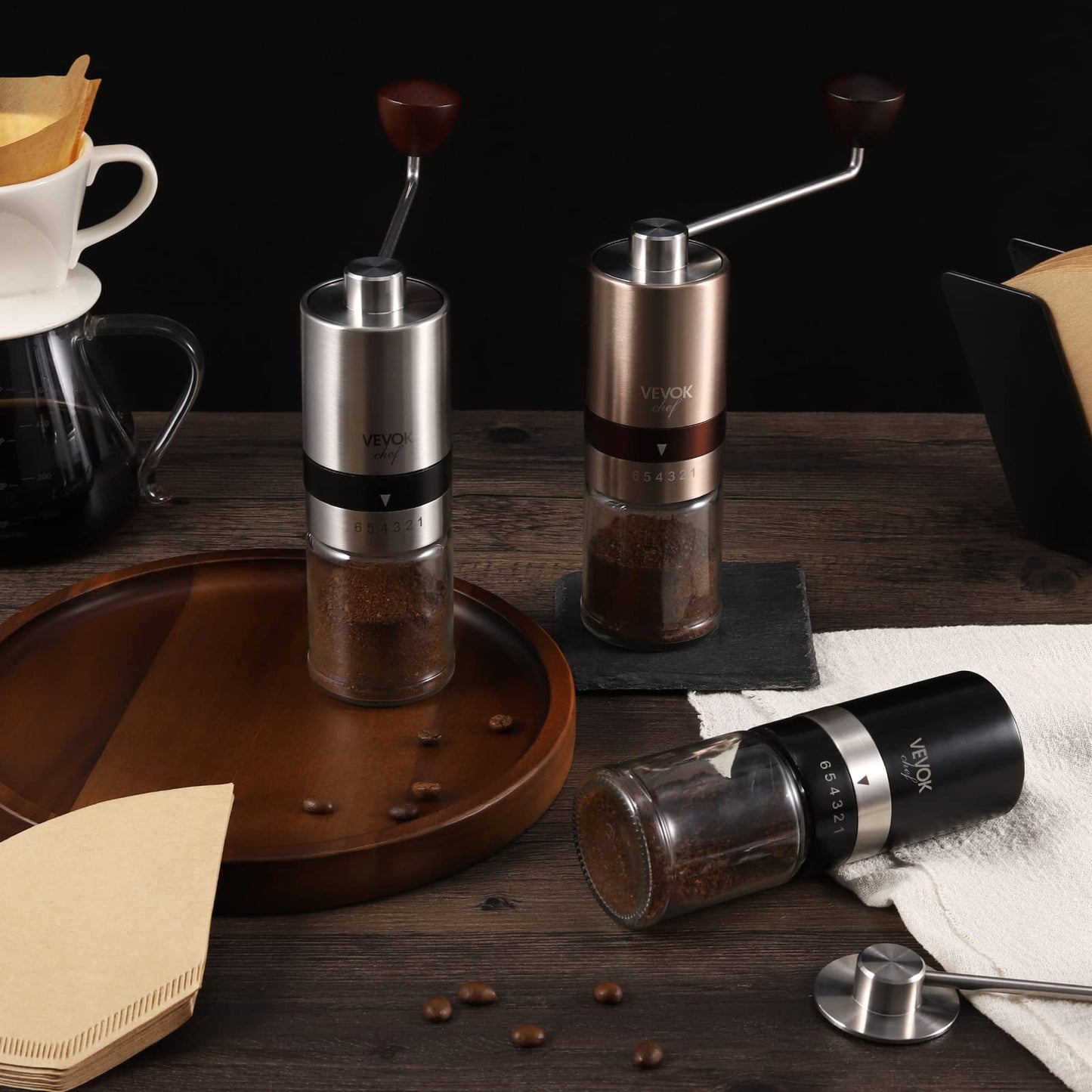 VEVOK CHEF Manual Coffee Grinder Hand Coffee Grinder 6 Adjustable Setting Stainless Steel Conical Burr Mill Portable Hand Crank Coffee Bean Grinder for Espresso Gift