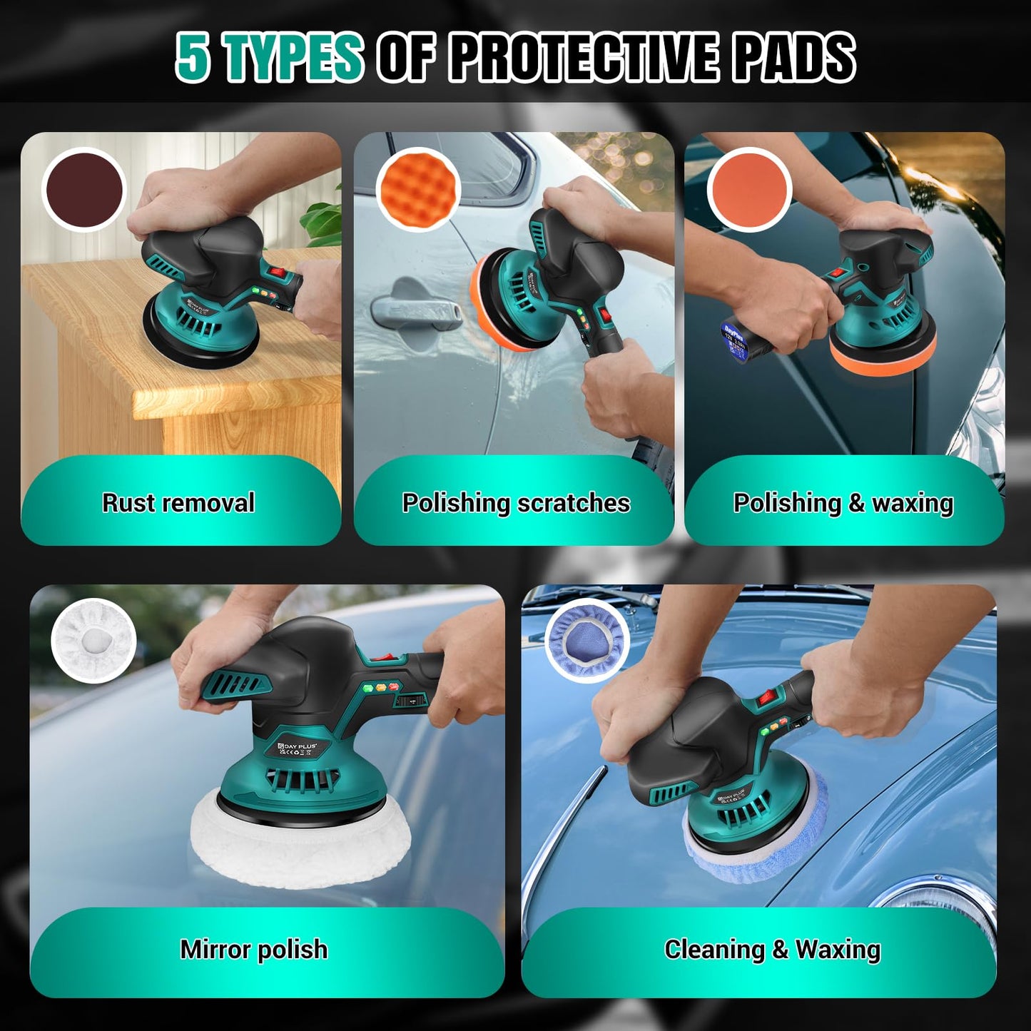 Cordless Car Buffer Polisher, Electric Polishing Machines Car Buffers and Polishers Kit,6 Variable Speed ,2*12V 2.0Ah Batteries,Cordless Polisher for Car Detailing/Polishing/Waxing/Scratch Removing
