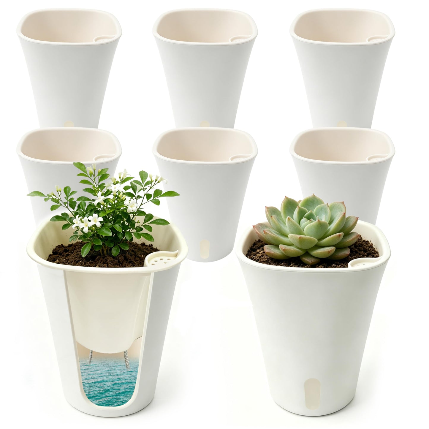 SYITCUN 5in Self Watering Planter 5 set,Plastic Self Watering Planters with Visual Water Level Window,Plant Pots Indoor,Window Box Planter,decor Planter Pot for Aloe,Herbs,Violets,Succulents-White