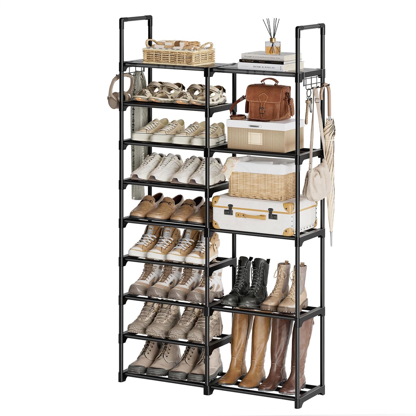 WOWLIVE 9 Tiers Shoe Rack Shoe Storage Organizer 30-35 Pairs Shoe Tower Unit Shelf Durable Metal Pipes with Plastic Connectors Stackable Rack(SSS2B9)