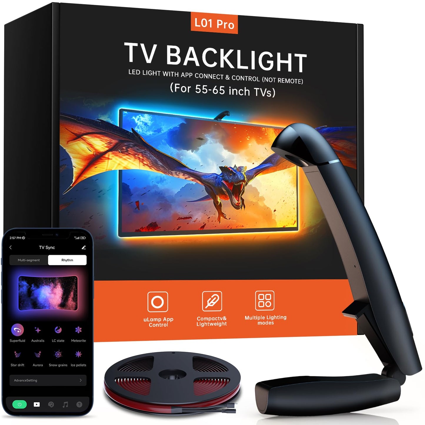 FFJ TV LED Backlight Strip, 14.7ft Cuttable TV Backlight Sync to 55-65 Inch TVs, TV Lights with Sensor, Smart App Control, Game & Music Sync Color Changing
