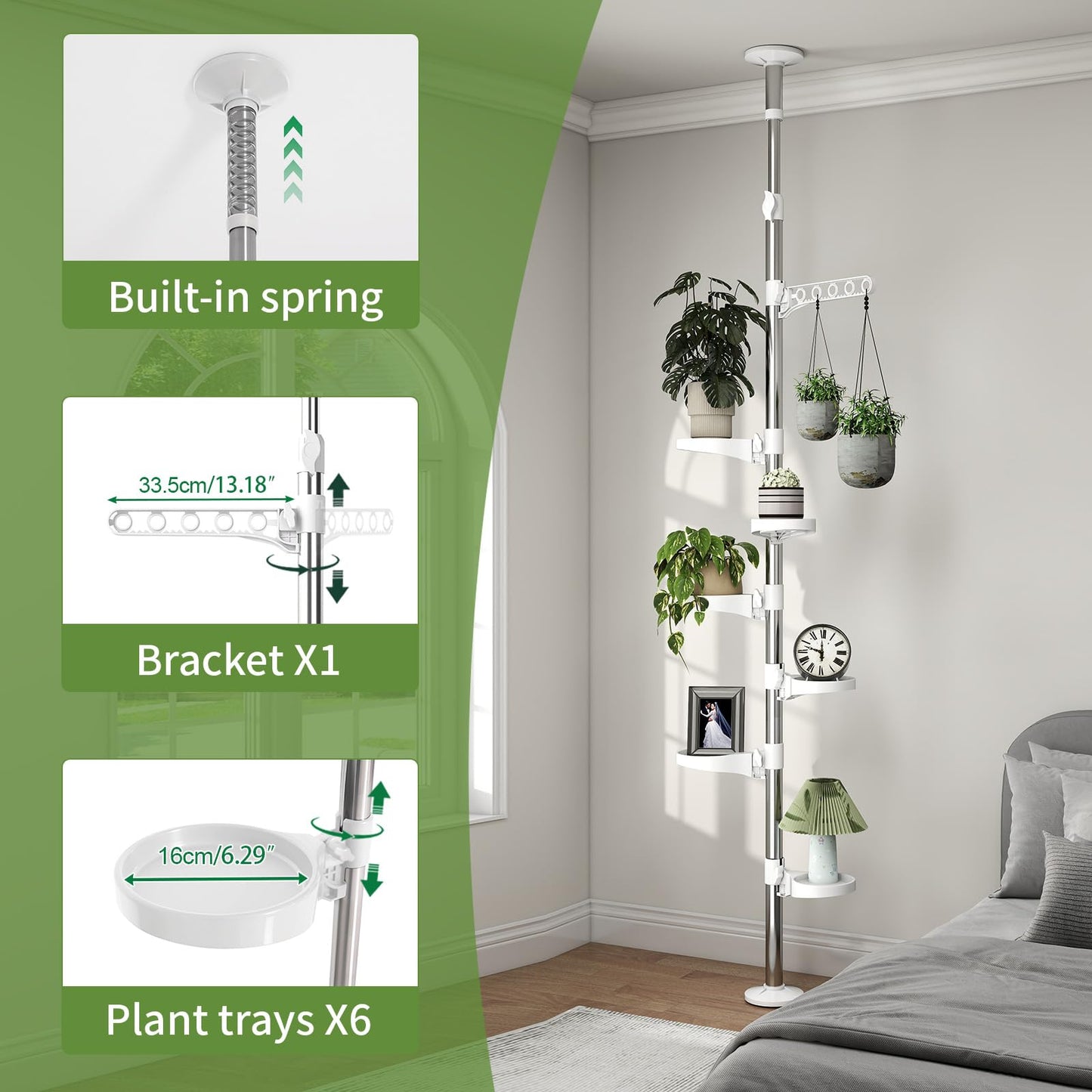 BAOYOUNI 7-Layer Indoor Plant Stands Spring Tension Pole Metal Flower Display Rack Space Saver Corner Floral Pot Hanger Shelf, Ivory