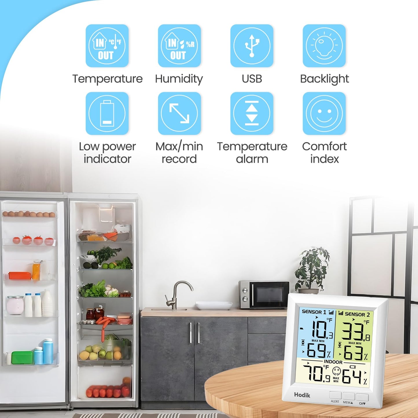 HODIK Refrigerator Thermometer with Alarm Fridge Freezer Thermometer, 100M Range Wireless Digital Thermometer with 3 Adjustable Backlight for Kitchen Home Restaurant
