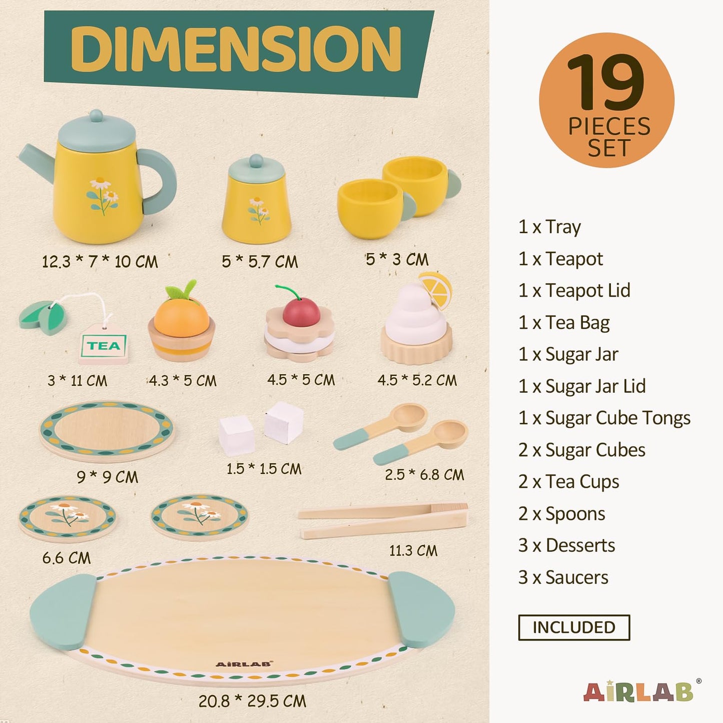 Airlab Tea Sets for Toddlers 3-5 Girl Birthday Gift 2 Year Old Princess Party Wooden Play Food Toy Sets for Kids Kitchen Accessories Age 3 4 5 6 Wood Educational Toys