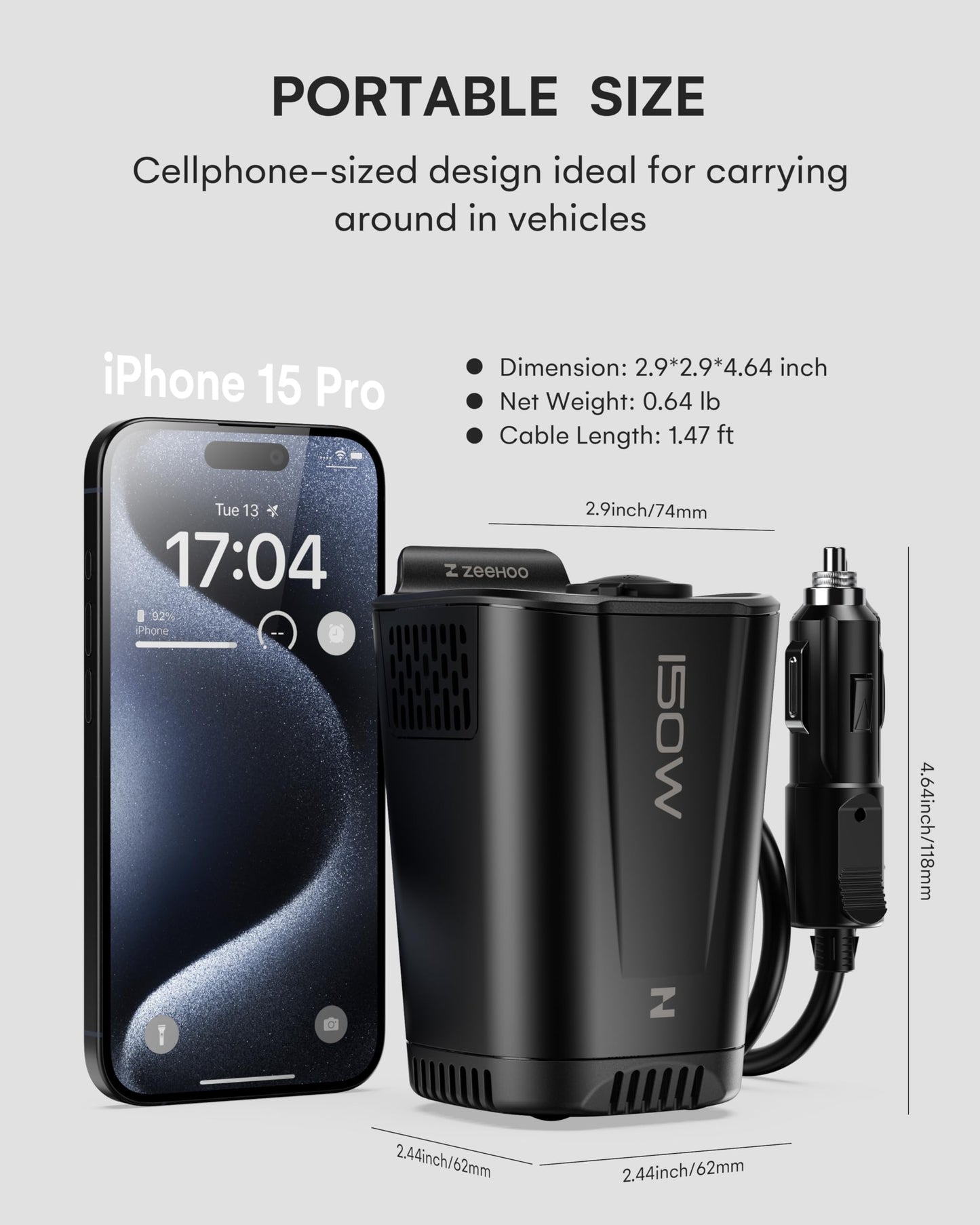 150W Car Power Inverter, 12V DC to 110V AC Car Plug Adapter Outlet Converter, with 2 AC Outlets, A 18W USB A and Dual 30W PD Car Charger, for Laptop Computer - Black