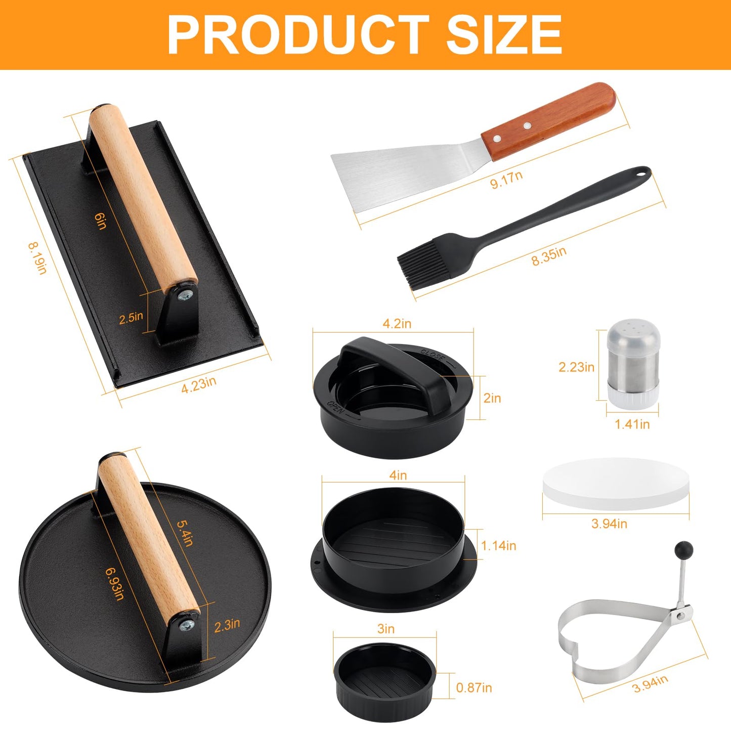 9PCS Smash Burger Press Kit - Burger Mold,50 Patty Papers,2PCS Cast Iron Burger Presses,Sauce Brushes,Grill Spatula,Spice Shaker,Egg Rings,Gloves - Non Stick Burger Press Set for Grill and Griddle