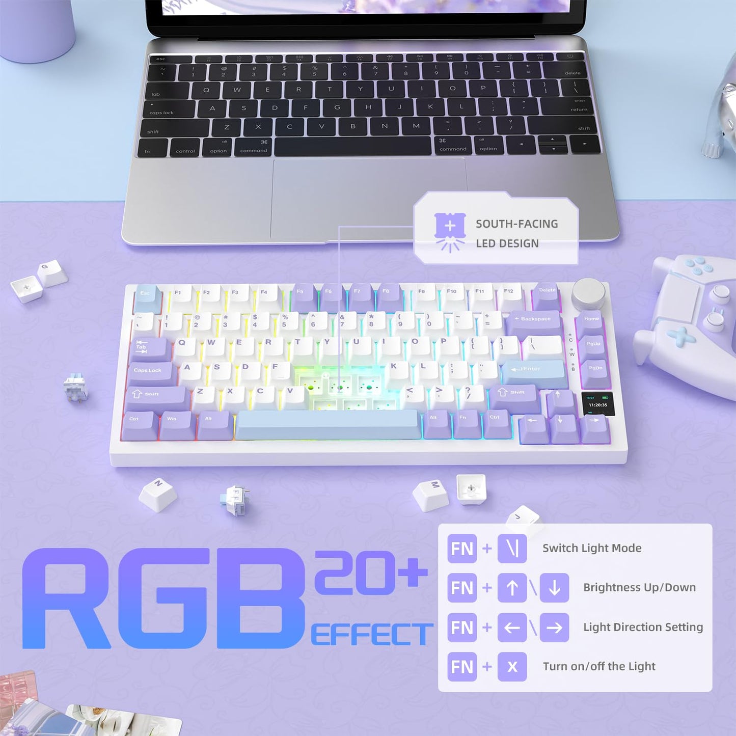 A.JAZZ AK820Pro Gasket Mechanical Gaming Keyboard 75%,TFT Display&Knob,Bluetooth/2.4GHz/USB-C,Hot Swap,5-Layer Sound Absorbing Foams,RGB Backlit,4000mAH Battery for Mac/Win,Flying Fish Switch-Purple