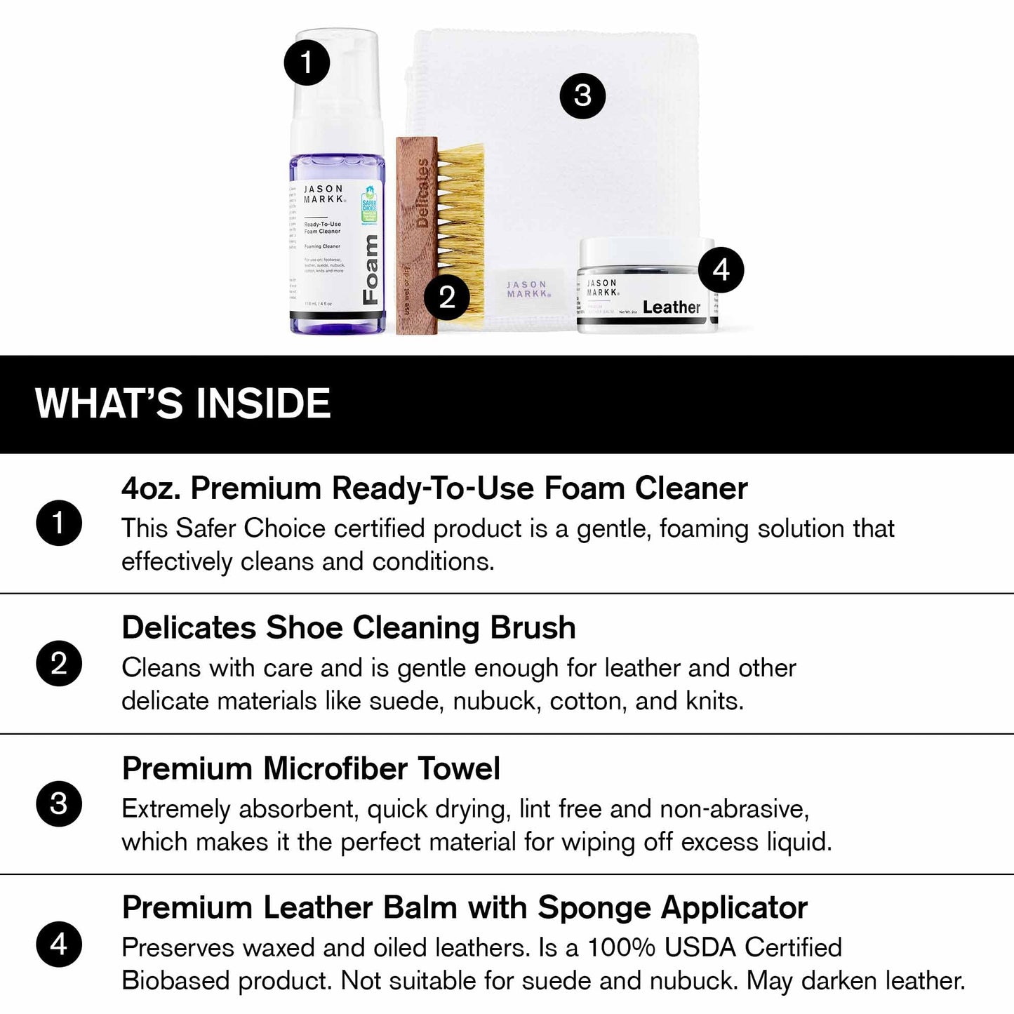 Jason Markk Leather Conditioner and Cleaner Kit - Complete Leather Care | Premium Balm, 4oz Foam Cleaner & Brush | For Boots, Dress Shoes, Jackets | Moisturizes, Cleans & Protects