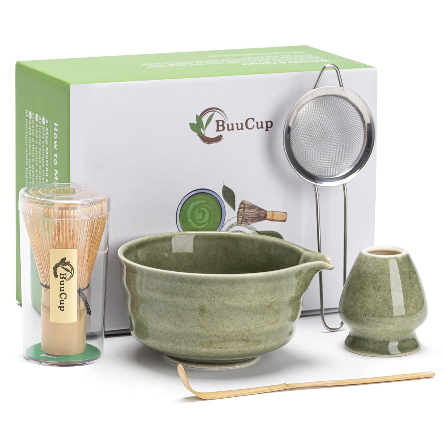 Buucup Matcha Whisk Set, Matcha Bowl with Spout, Matcha Whisk and Holder, Bamboo Matcha Scoop and Stainless Sifter - 5 Pcs Jade Green Matcha Kit for Matcha Lover