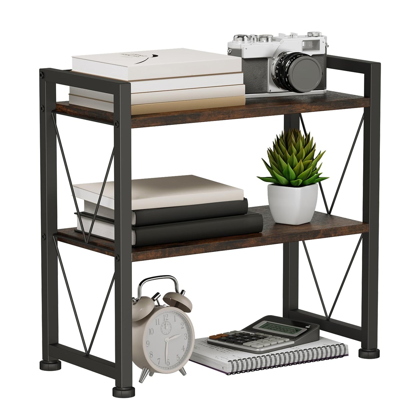 VSIWB Desktop Organizer Shelf, 2 Tiers Desk Organizers and Storage, Countertop Organizer Desktop Bookshelf, Metal and Wooden Desk Storage Shelf, Desk Shelf for Home Office Coffee Bar Bedroom Kitchen