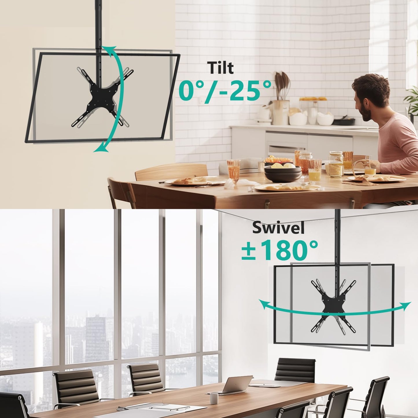 WALI TV Ceiling Mount for 26 to 65 Inch TVs, Adjustable TV Bracket Fits Most LED, LCD, OLED and Plasma Flat Screen Display, Up to 110 lbs, Mounting Holes 400x400mm (CM2665), Black