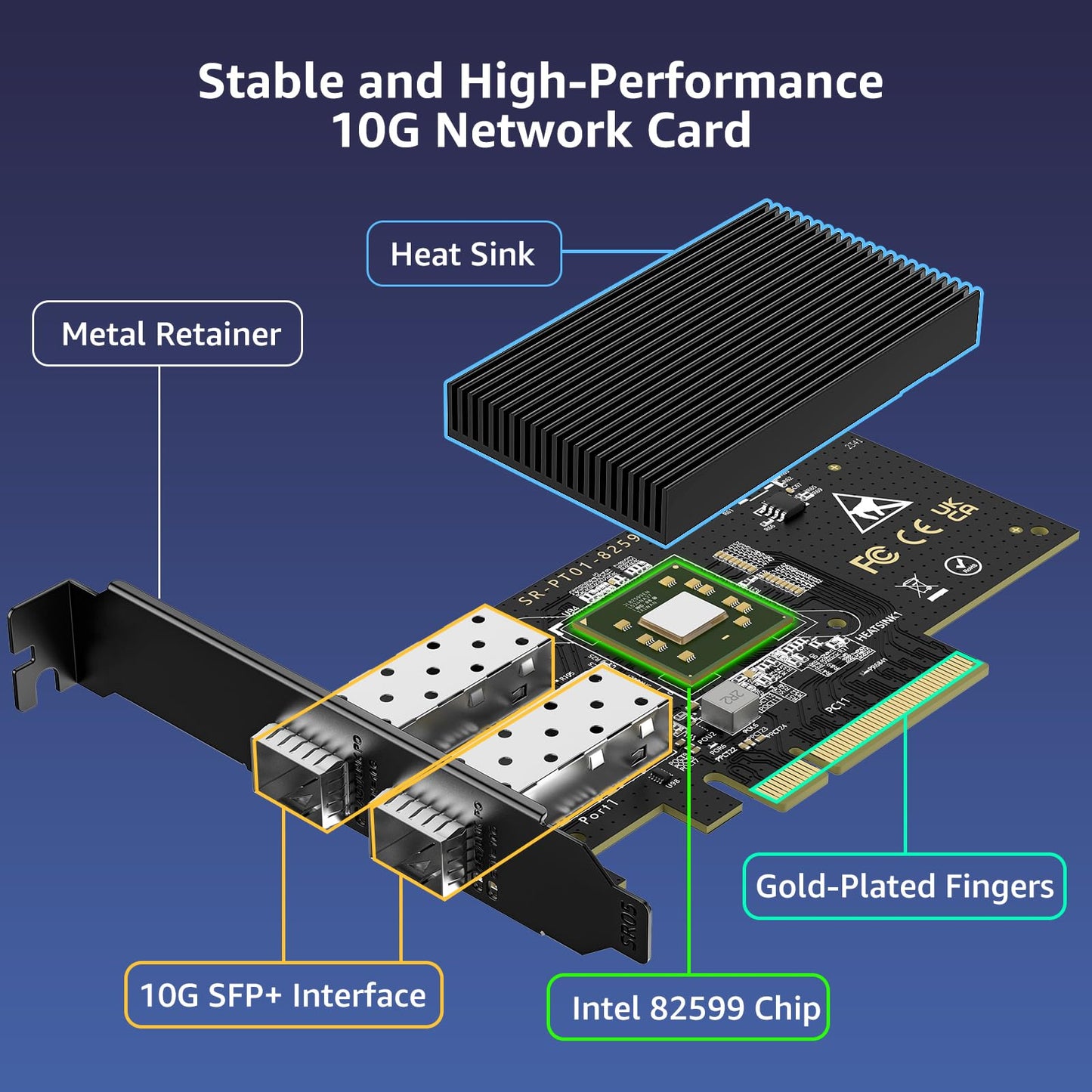 10Gb SFP+ PCIe NIC Network Card with Dual 10Gbps SFP+ Port, Intel 82599(X520-DA2) Chip, VIMIN 10G Ethernet LAN Adapter Support Windows7/8/10/11/Linux/VMware, Compatible with PCI Express X8 & X16